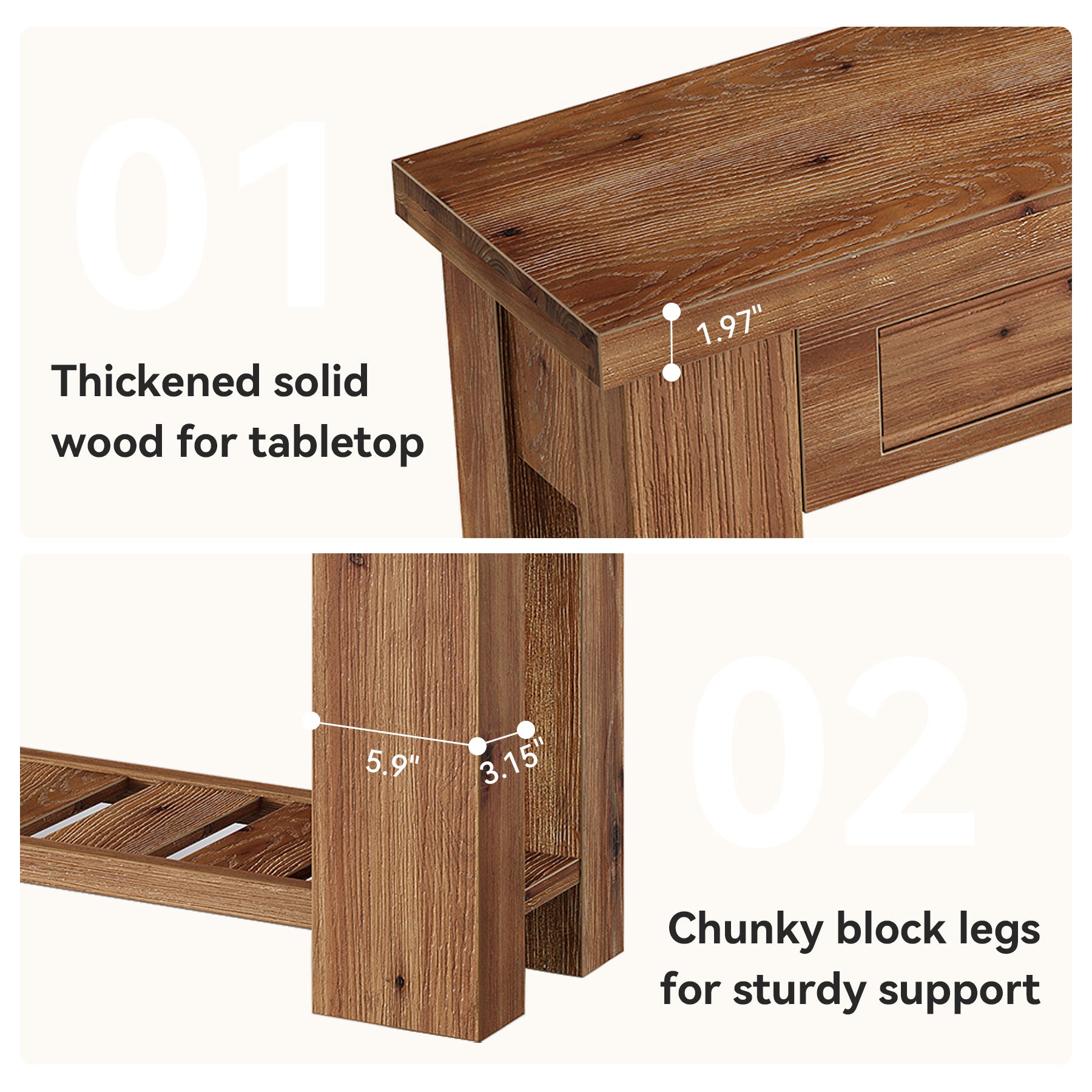 63-Inch Farmhouse Console Table with Solid Fir Wood Frame and 2 Drawers, Long Entryway Sofa Table with Slatted Shelf