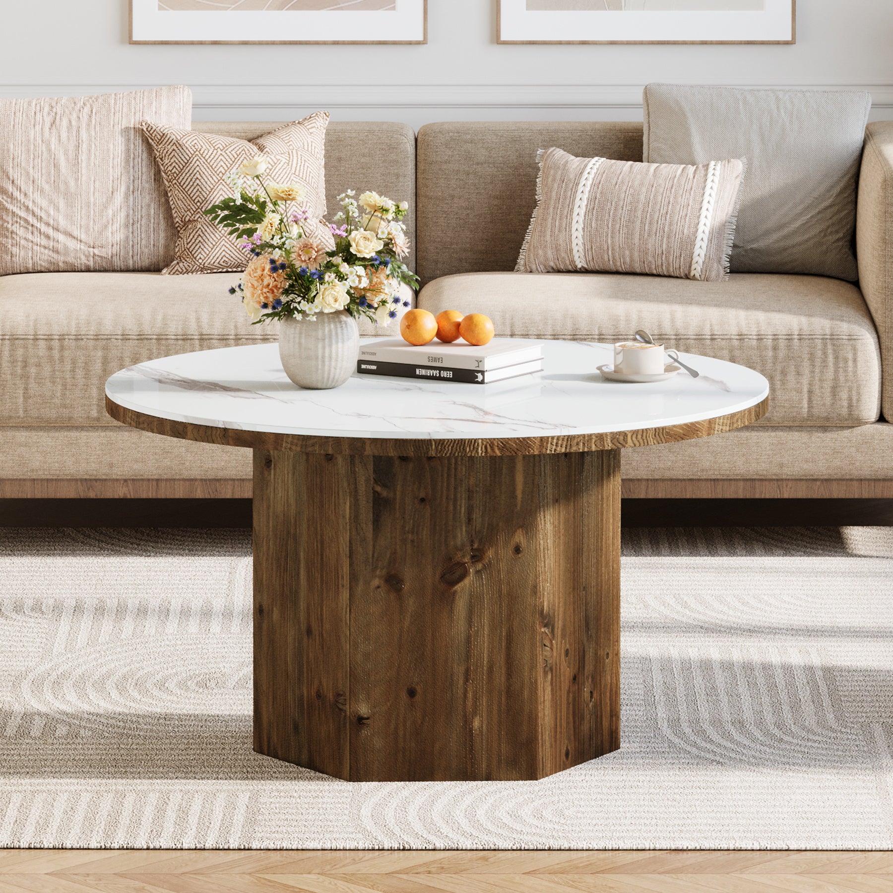 31.5" Sintered Stone Coffee Table, White Round Table with Solid Wood Base for Living Room