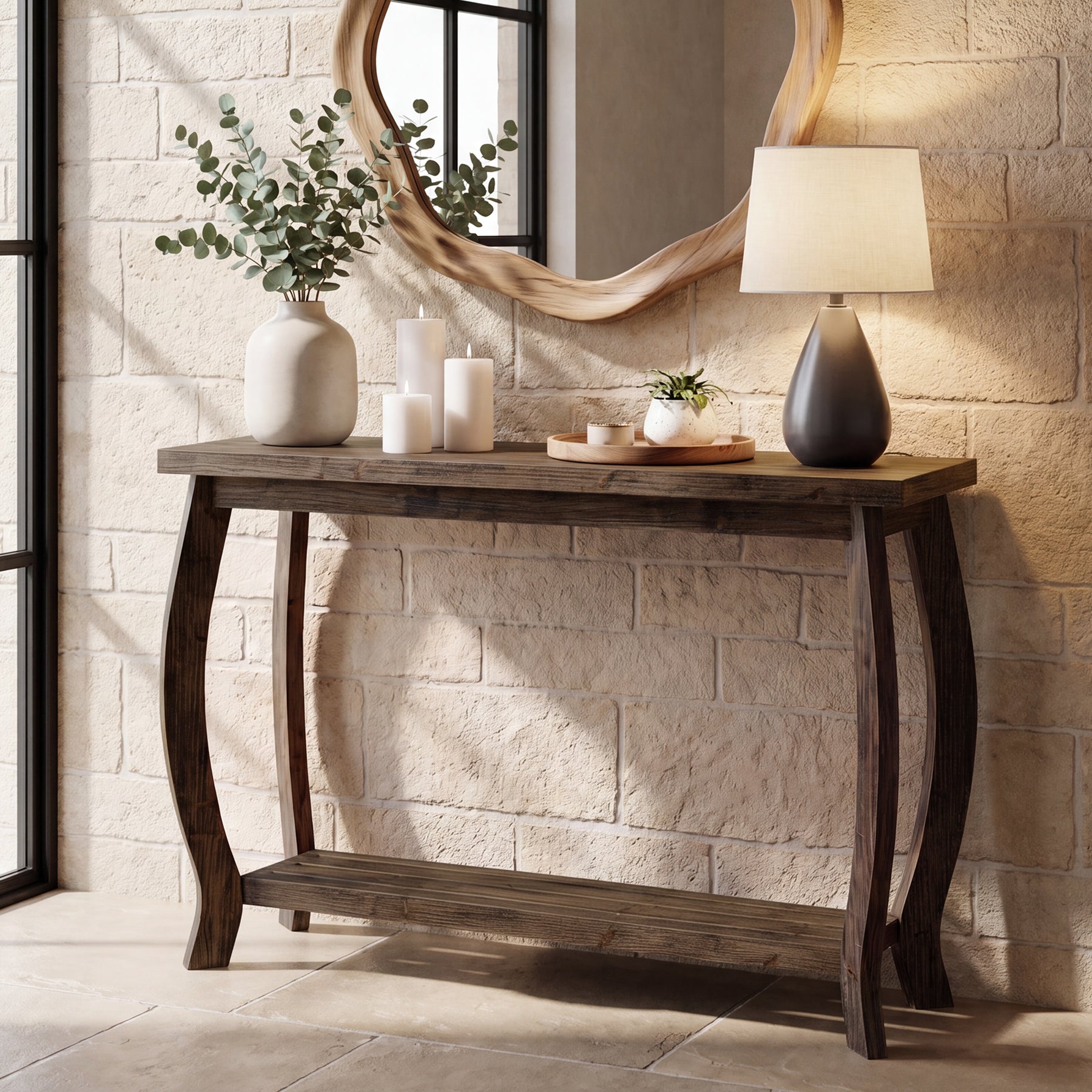 41.3 Inch Solid Wood Console Table with Curved Legs, Farmhouse Entryway Table with Shelf