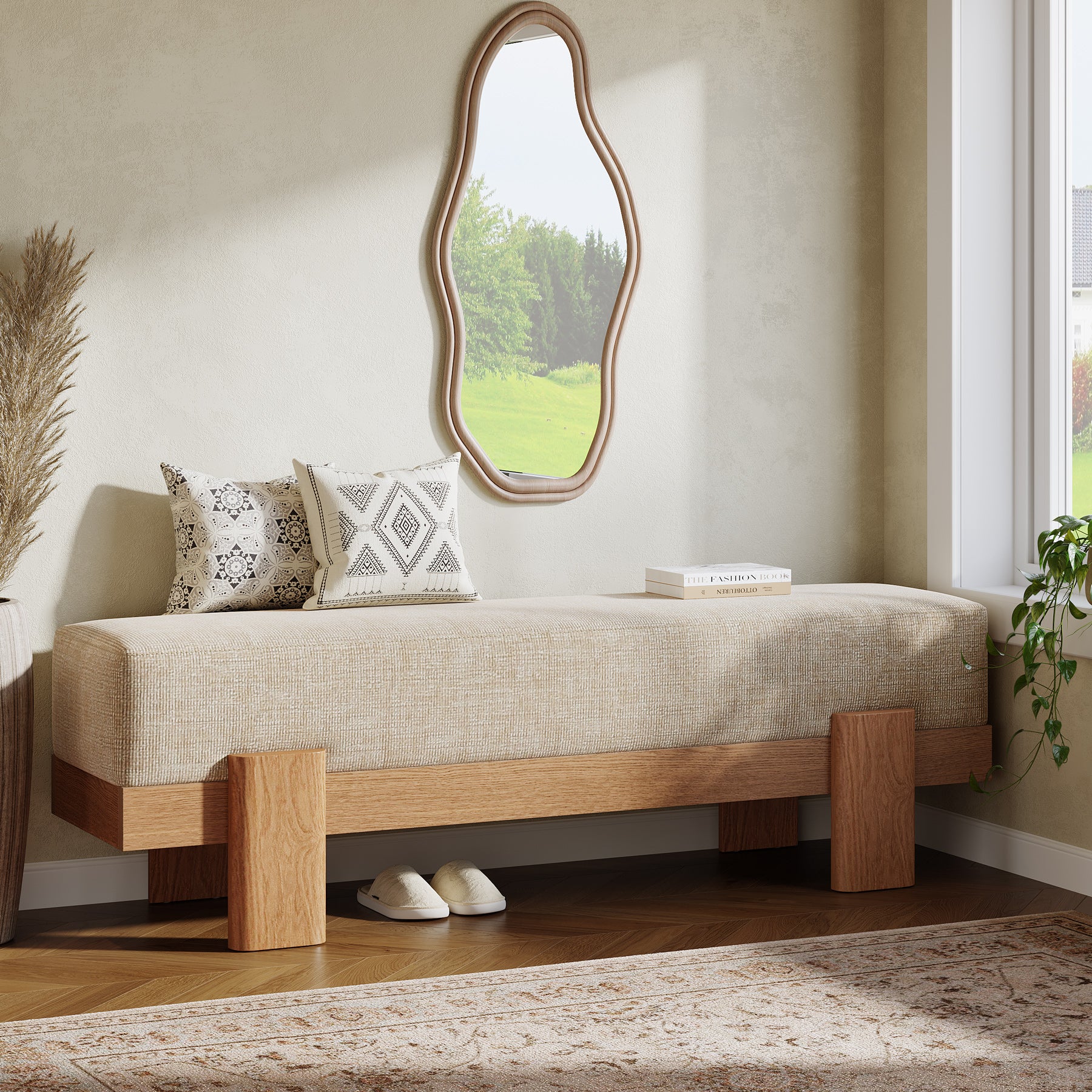 55-Inch Upholstered Entryway Bench, Modern Shoe Bench with Thick Cushion