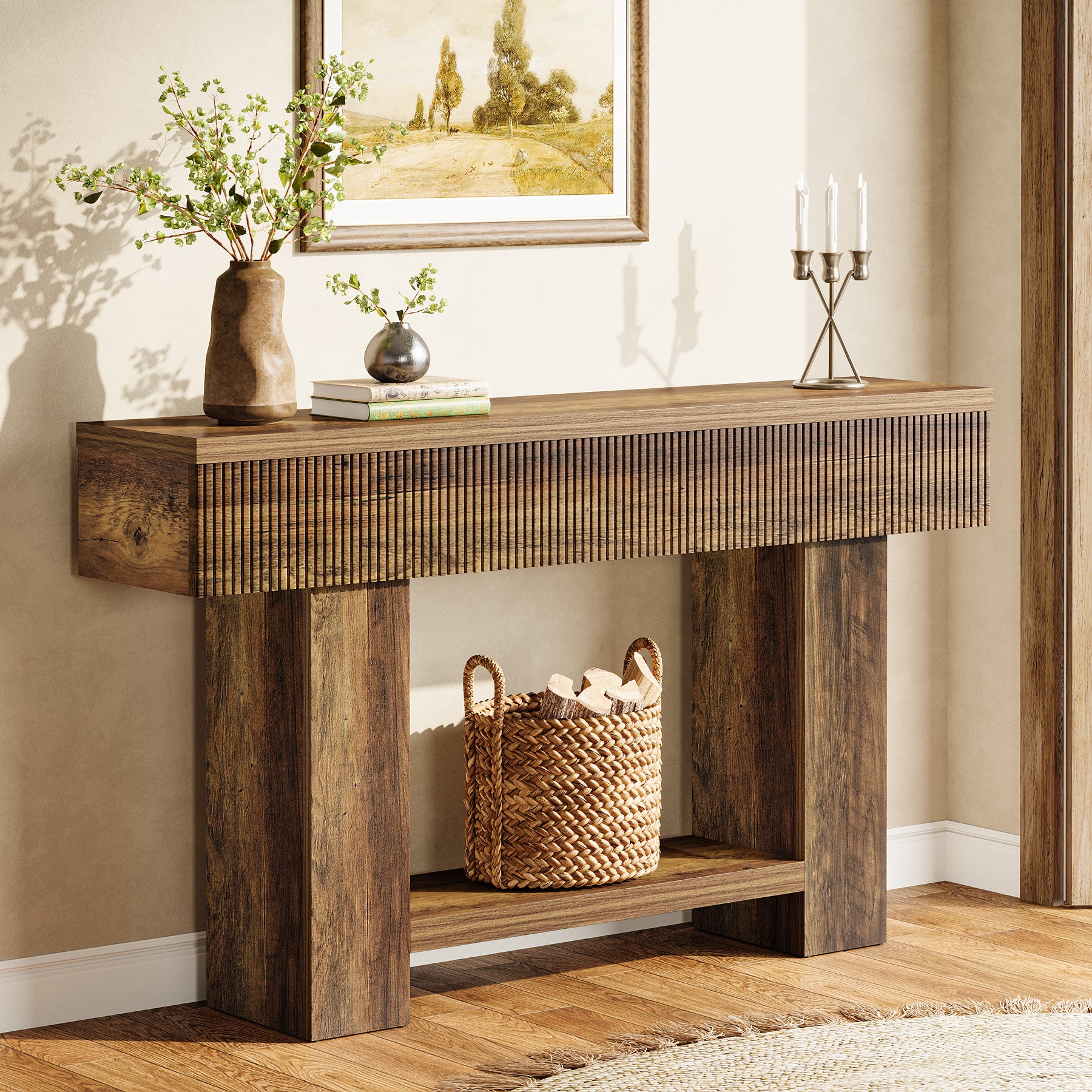 55-Inch Farmhouse Console Table with 2-Tier Storage and U-Shaped Base, Narrow Entryway Sofa Table for Hallway