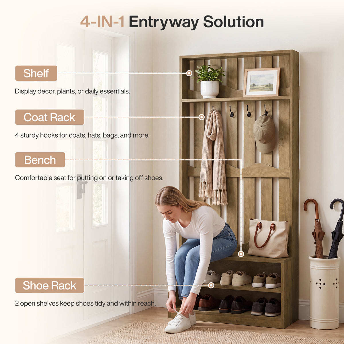 Tribesigns 31.5-Inch Coat Rack with Bench and Shoe Storage, 4-in-1 Hall Tree for Hallway