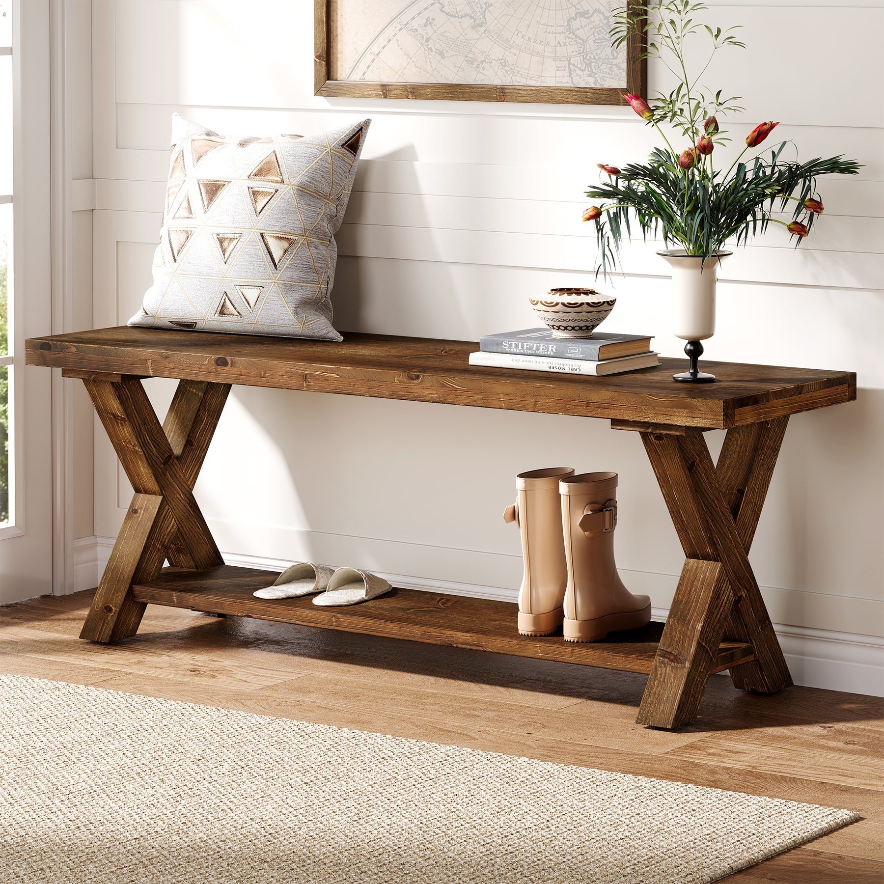 Tribesigns 43.3-Inch Solid Wood Entryway Bench with Storage Shelf and X-Shaped Legs, Farmhouse Shoe Bench for Hallway and Living Room
