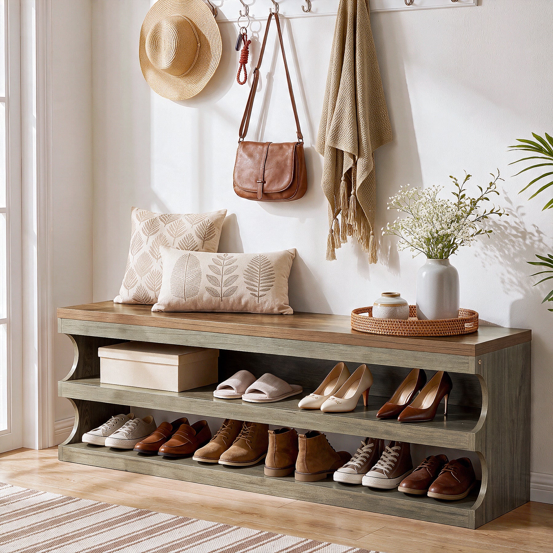 Tribesigns 55 Inch Entryway Bench, 3 Tier Shoe Storage Bench with Seating for Hallway and Bedroom