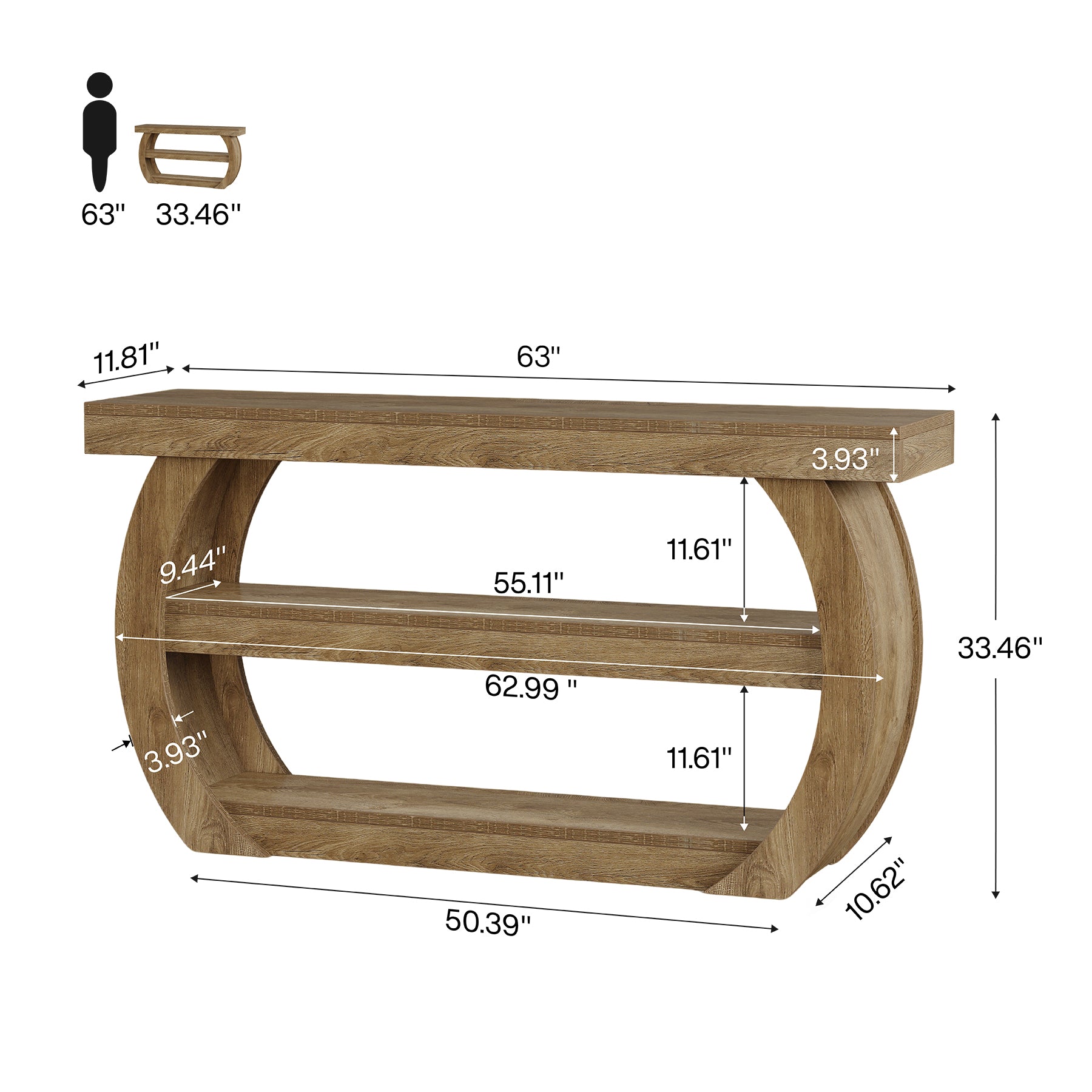 63" Farmhouse Console Table with 3-Tier Storage, Long Wooden Sofa Table for Entryway and Living Room