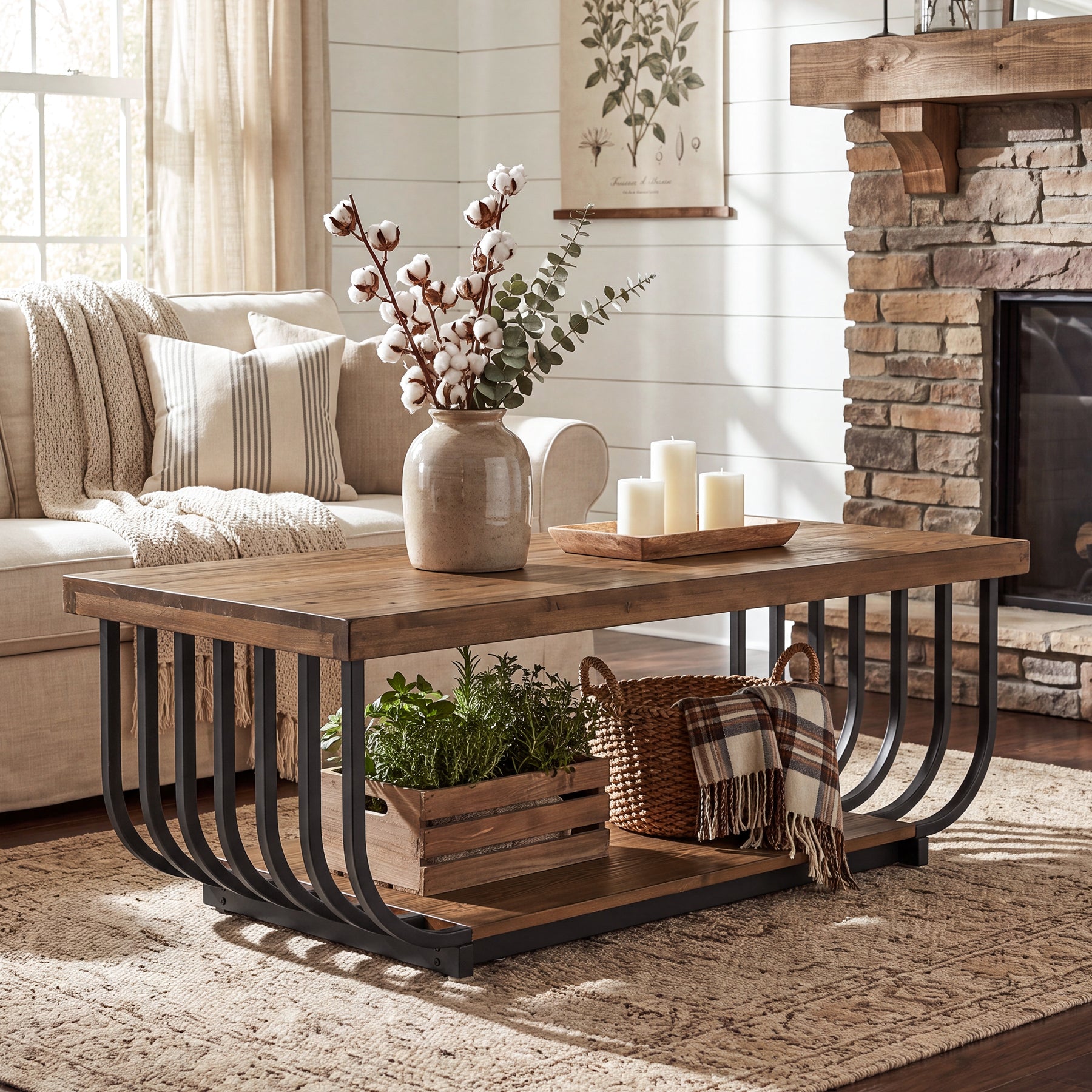 Tribesigns 47-Inch Solid Wood Coffee Table with 2-Tier Storage, Rectangular Table for Living Room