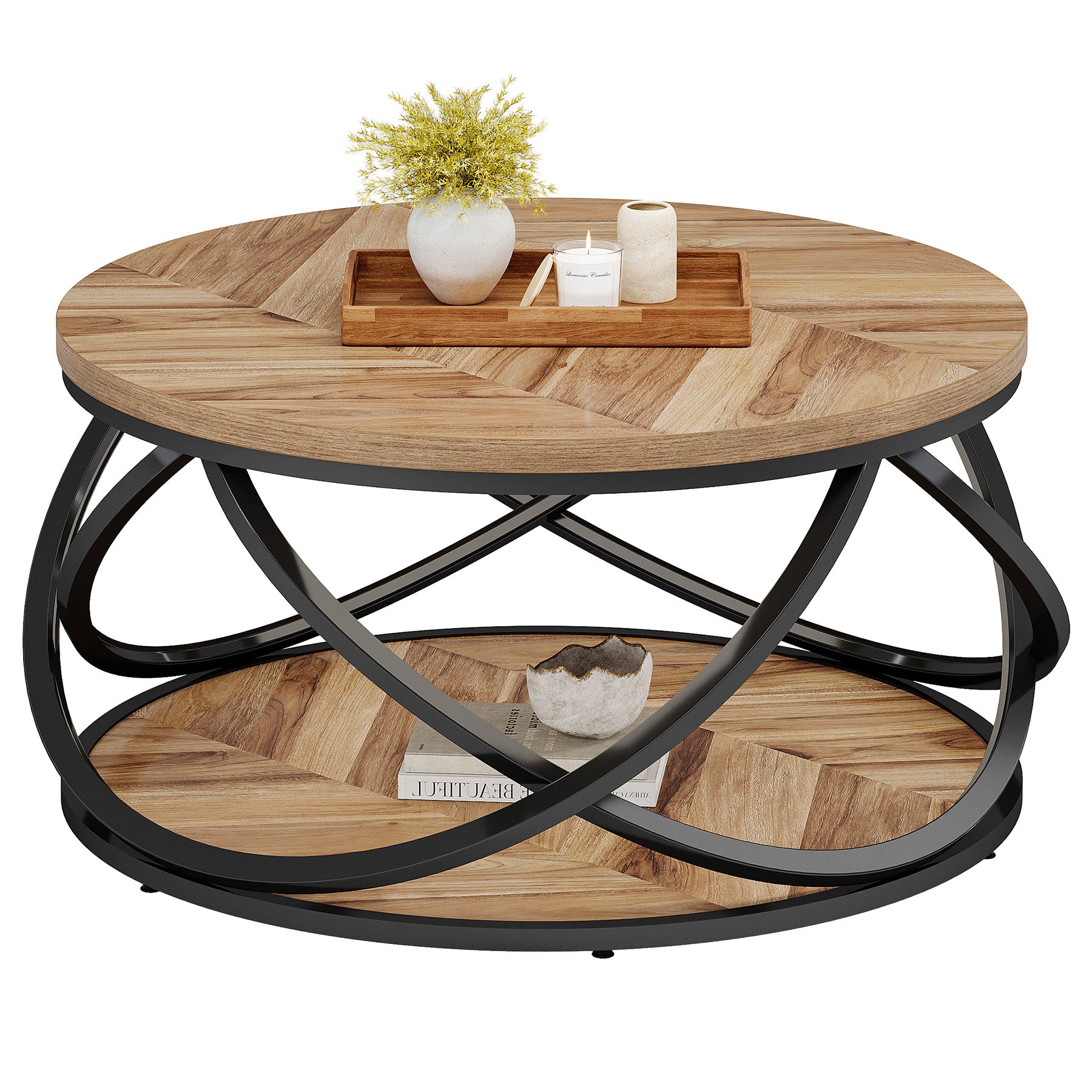 31.5" Two-Tier Round Coffee Table, Modern Circle Center Table with Wood Grain and Cross Metal Base