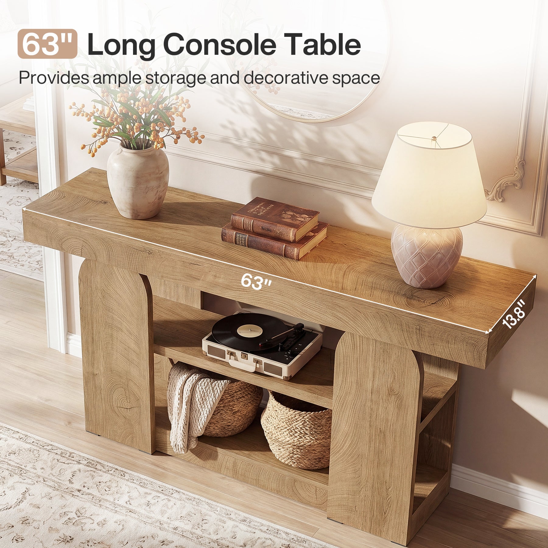 Tribesigns 63-Inch Farmhouse Console Table with 3-Tier Storage Shelves, Long Narrow Entryway Table for Living Room and Hallway