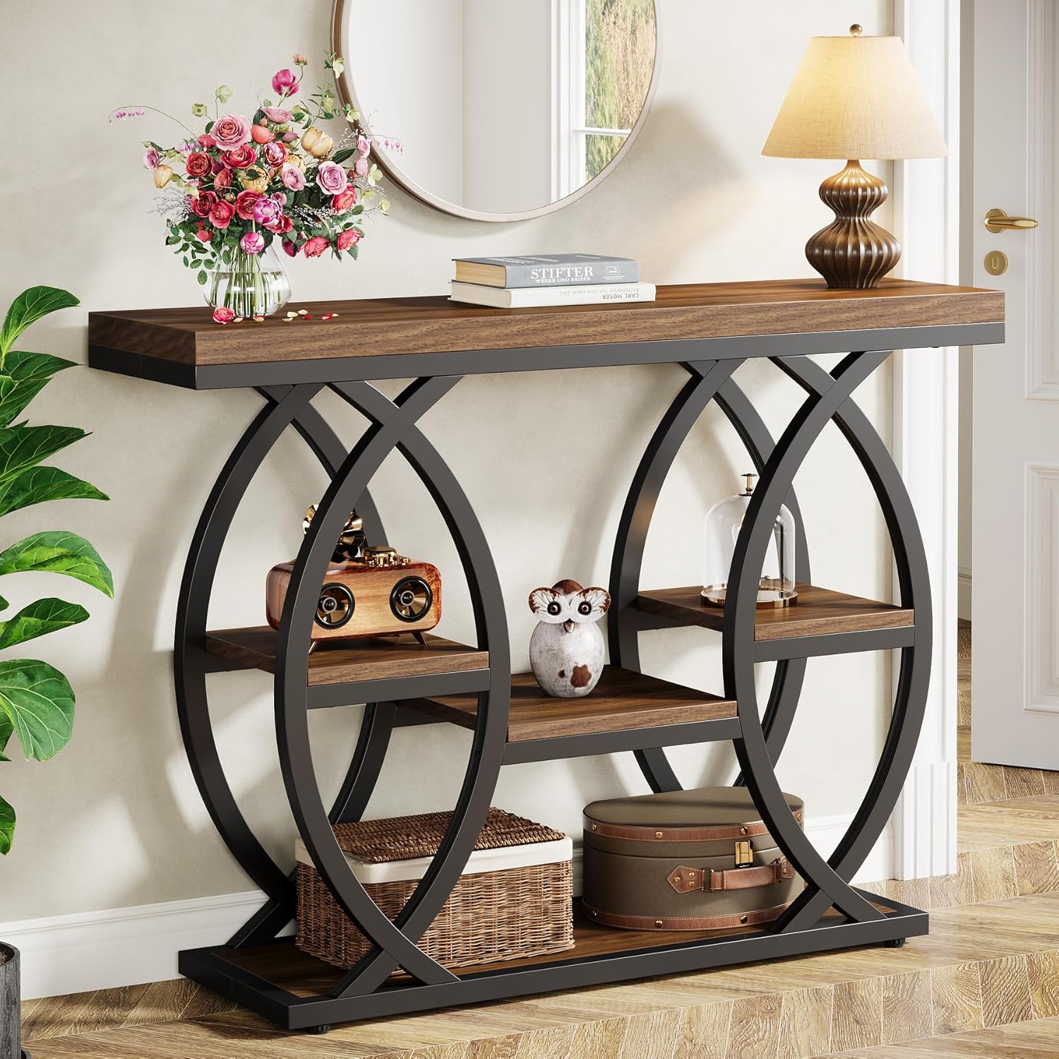 39.4" Industrial Console Table - 4-Tier Narrow Sofa Table with Metal Frame & Storage, Rustic Brown