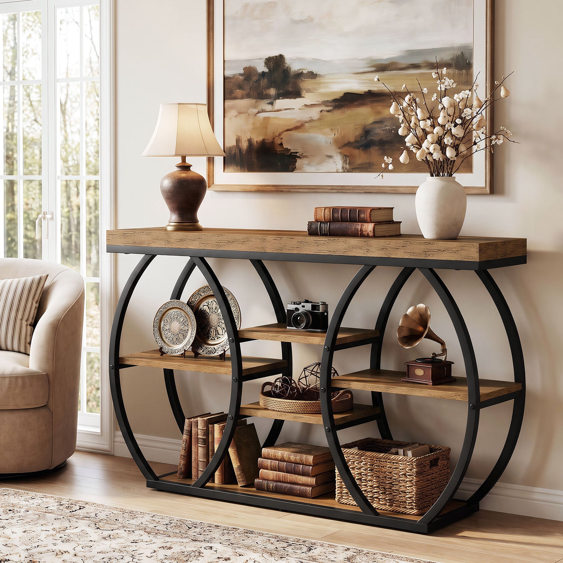 Tribesigns 47-Inch Console Table with 4-Tier Storage, Farmhouse Hallway Table with Curved Frame