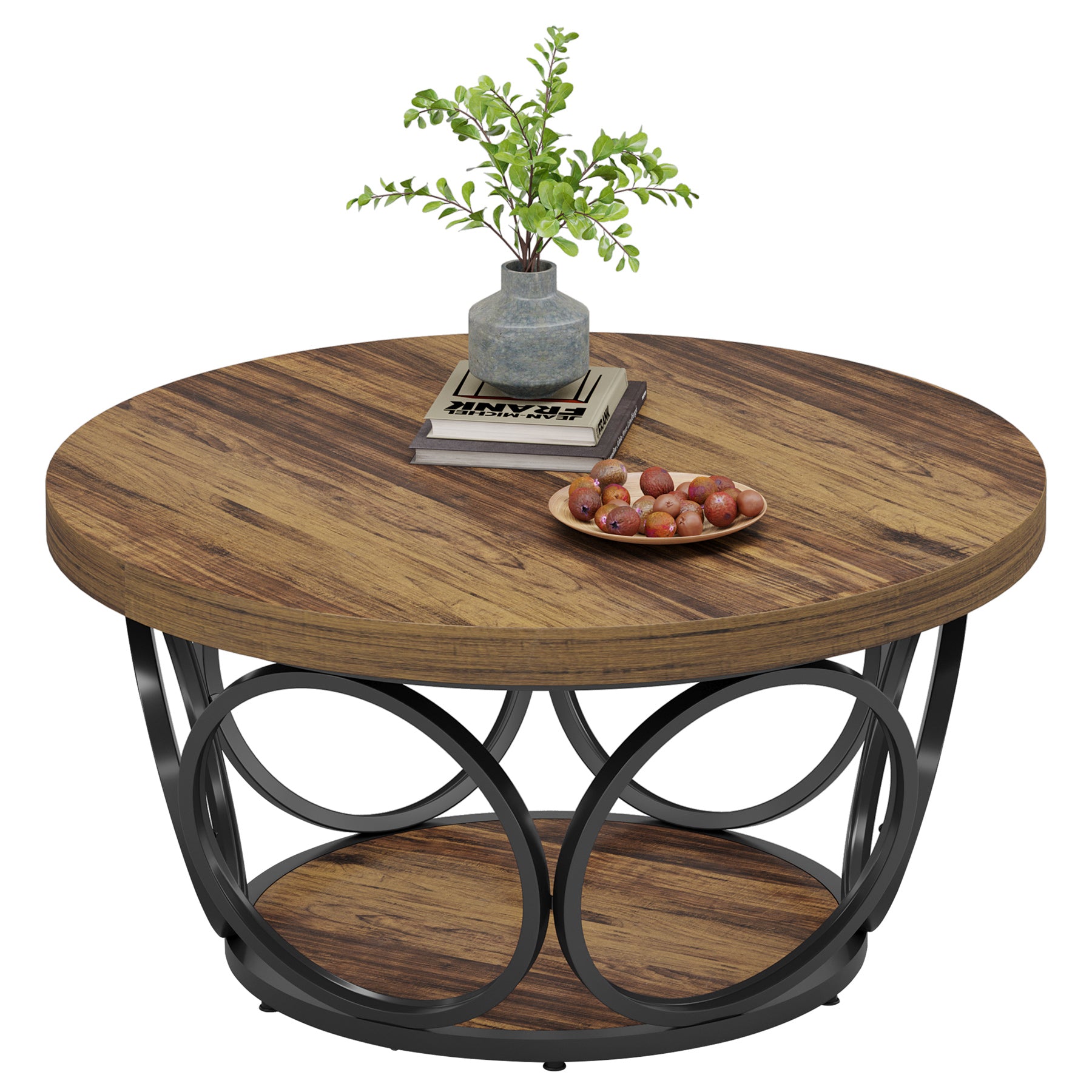 Tribesigns Coffee Table, Round Center Table with 2 Storage Shelves