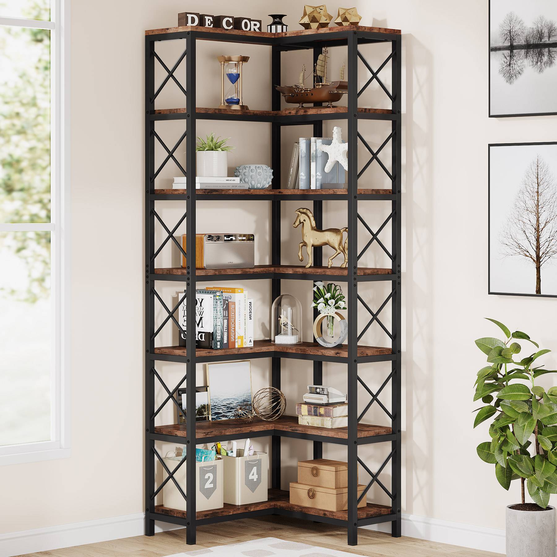 Tribesigns Corner Bookshelf, 7-Tier Tall Corner Bookcase Storage Display Rack Tribesigns