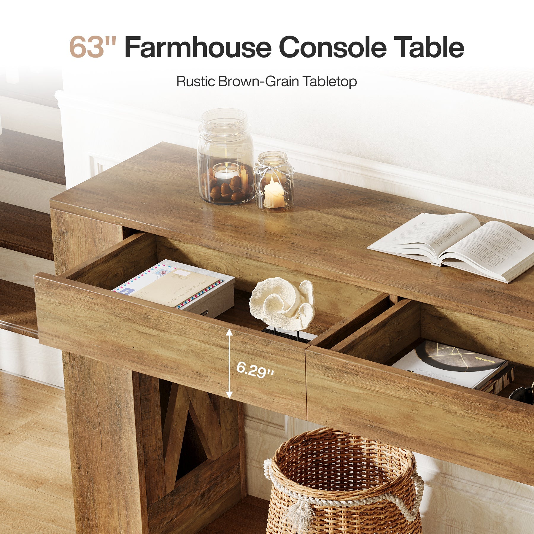 Tribesigns 63-Inch Farmhouse Console Table, X-Leg Sofa Table with 2 Drawers