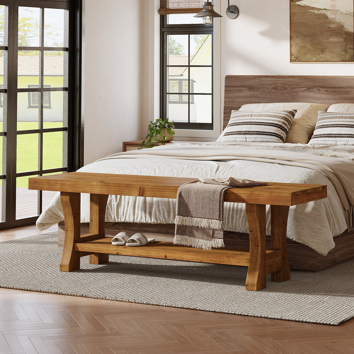 55.1 Inch Solid Wood Hallway Bench with Storage Shelf, Farmhouse Shoe Bench for Entryway