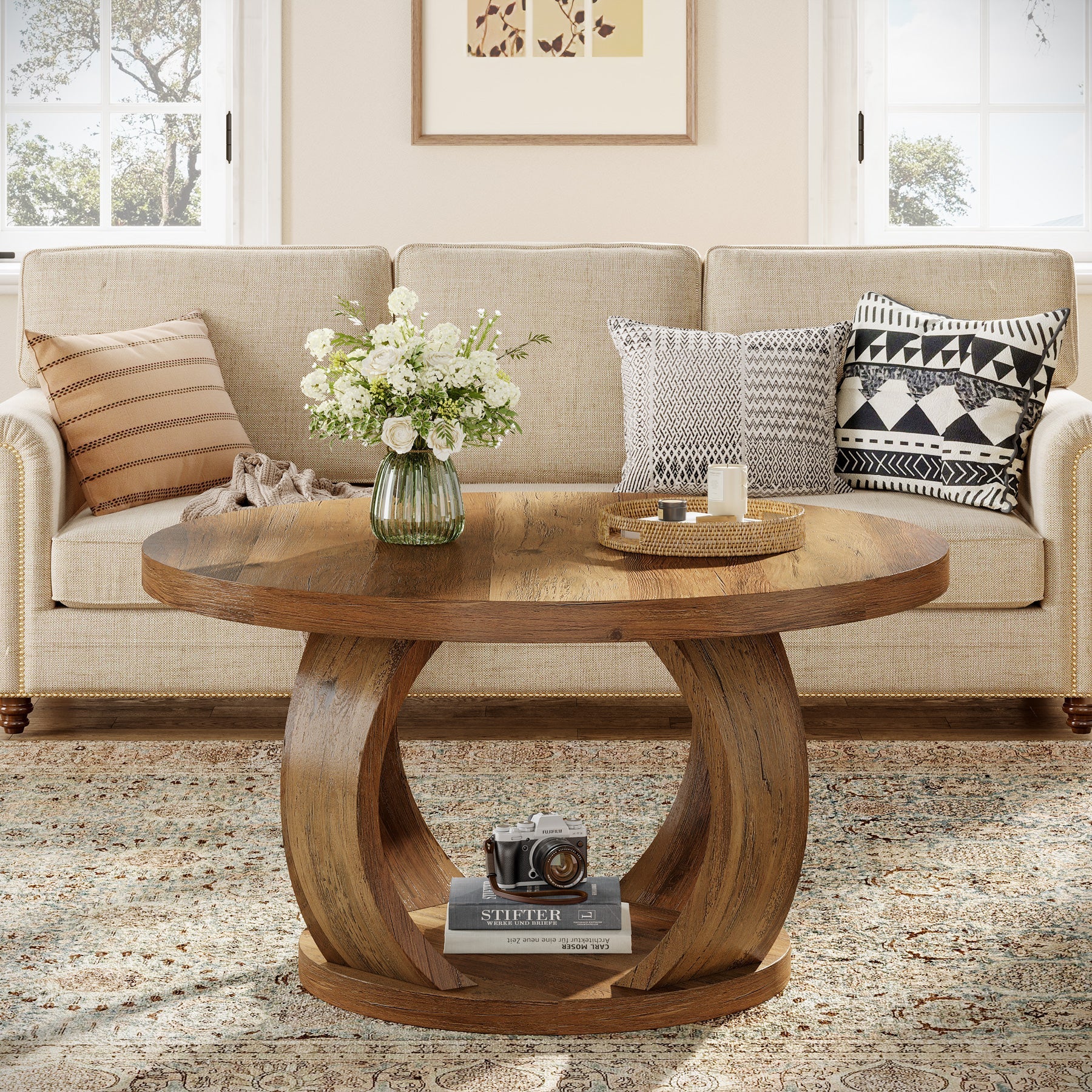 Tribesigns 31.5" Wooden Circle Coffee Table, 2-Tier Storage for Small Spaces