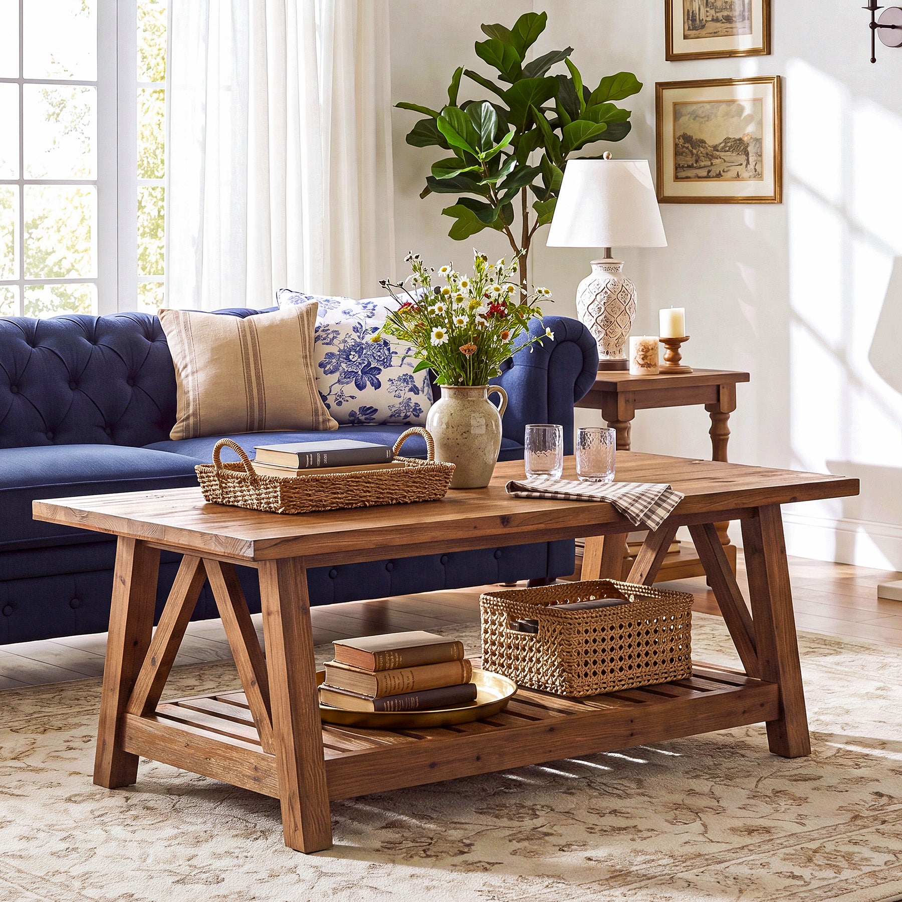 Tribesigns 47.24-Inch Solid Wood Coffee Table, Farmhouse 2-Tier Storage Table for Living Room