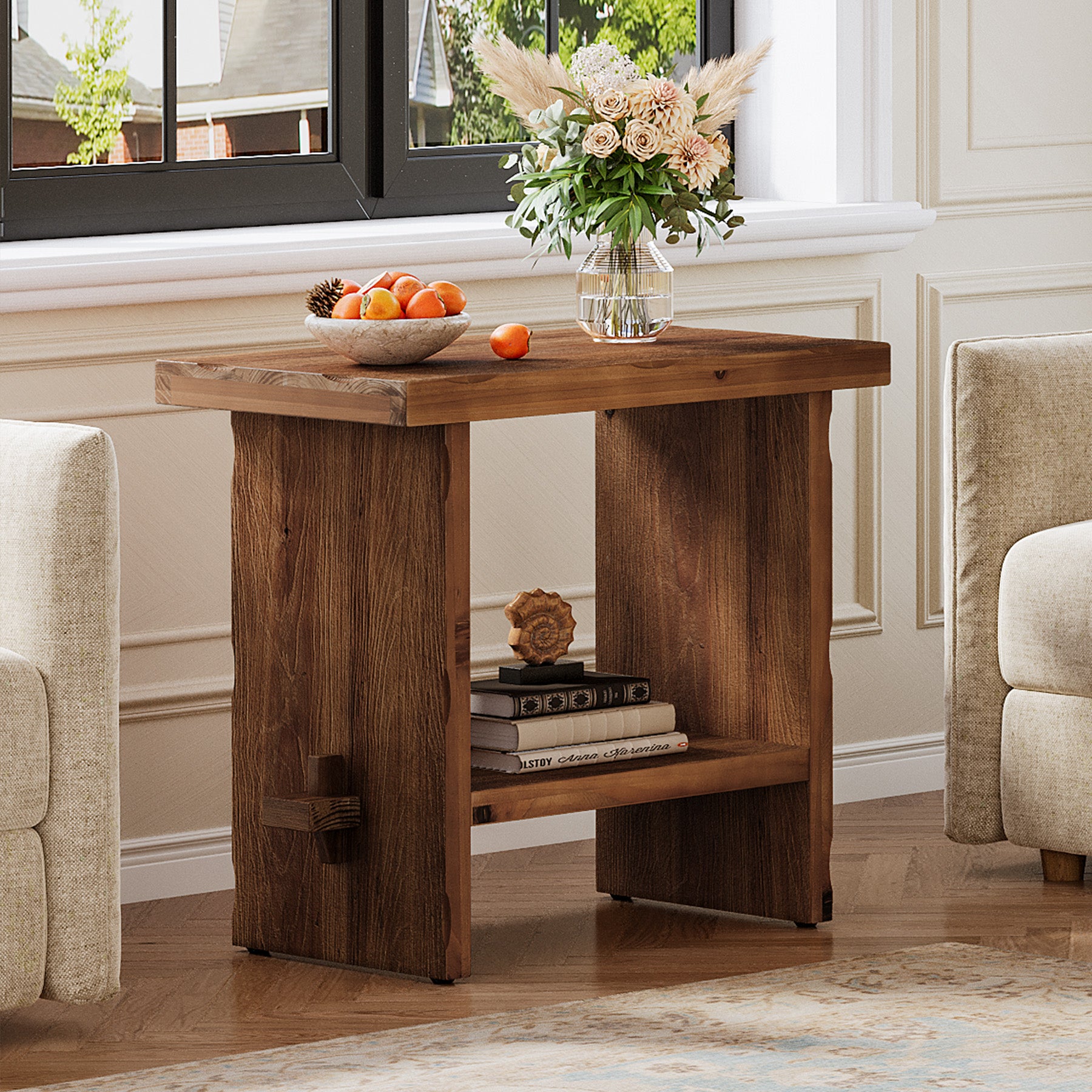 Tribesigns 23.62 Inch Solid Wood Side Table with 2-Tier Storage, Farmhouse End Table for Bedroom
