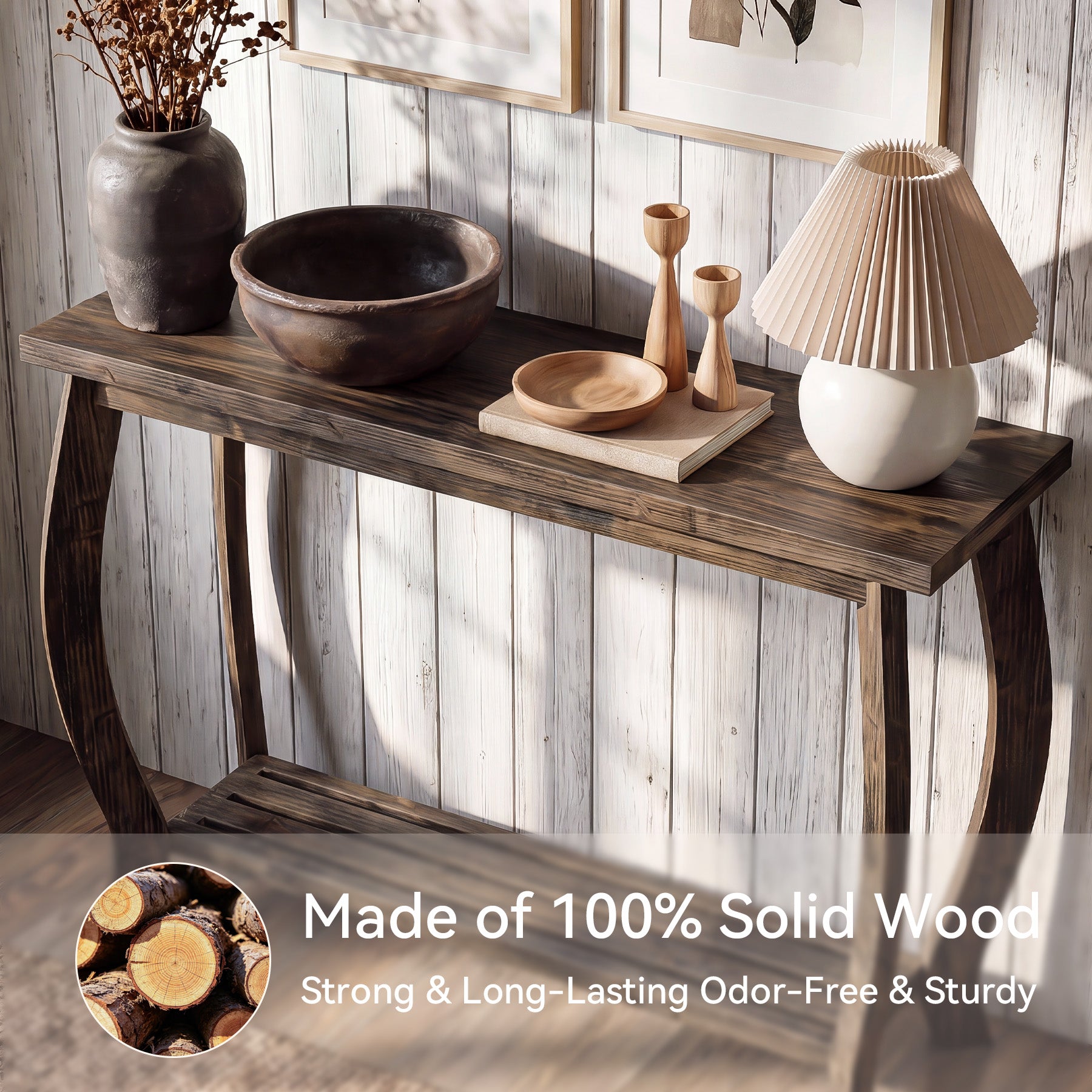 41.3 Inch Solid Wood Console Table with Curved Legs, Farmhouse Entryway Table with Shelf