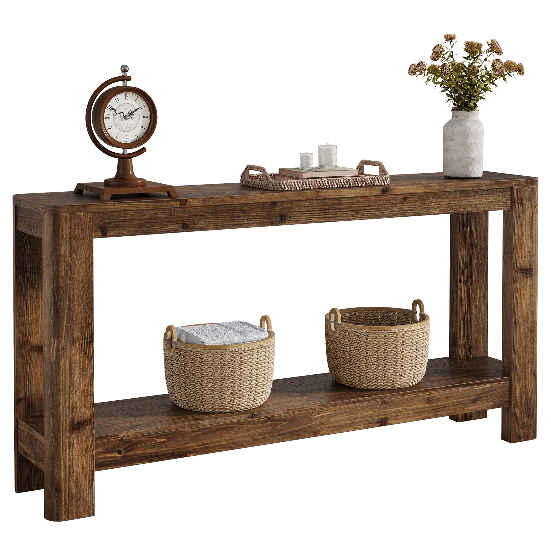 63" Console Table, Solid Wood Farmhouse Sofa Table with 2-Tier Storage