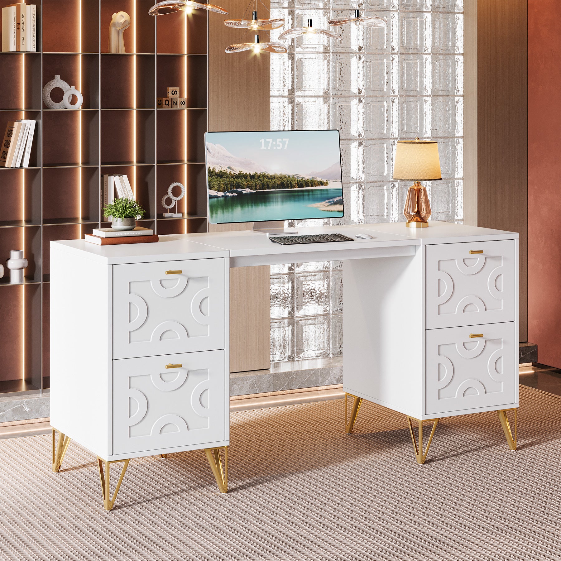 59-Inch Office Desk with Drawers, Modern White Computer Desk with Gold Legs for Home Workspace