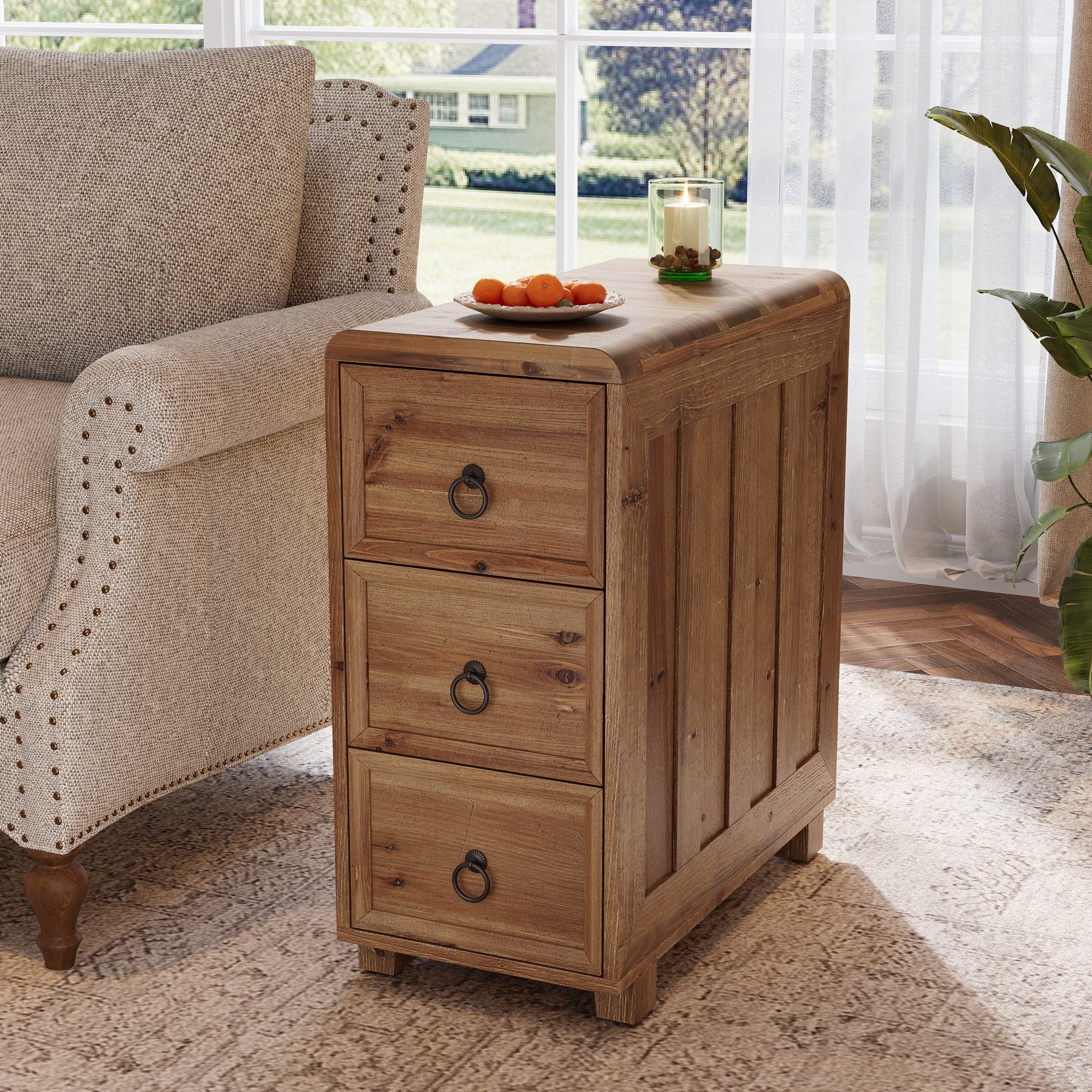 Tribesigns 11.81 Inch Narrow Solid Wood Side Table with 3 Drawers, Slim Bedside Table for Bedroom