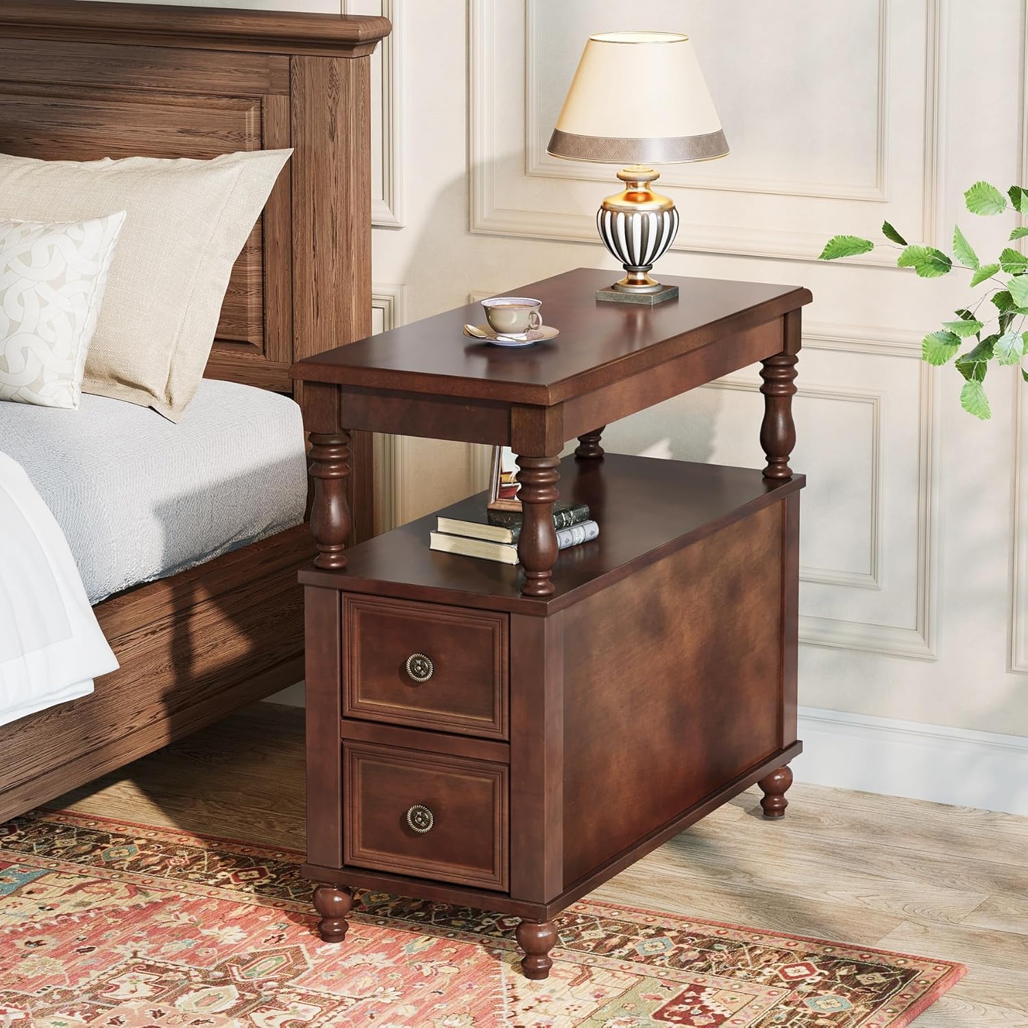 MidCentury 2-Drawer Nightstand - Solid Wood Bedside Table with Open Shelf, Dark Cherry