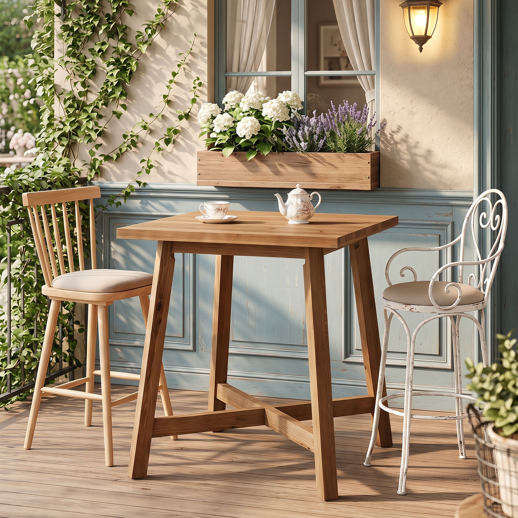 31.5-Inch Square Solid Wood Bar Table with Footrest, Farmhouse Counter Height Bistro Table