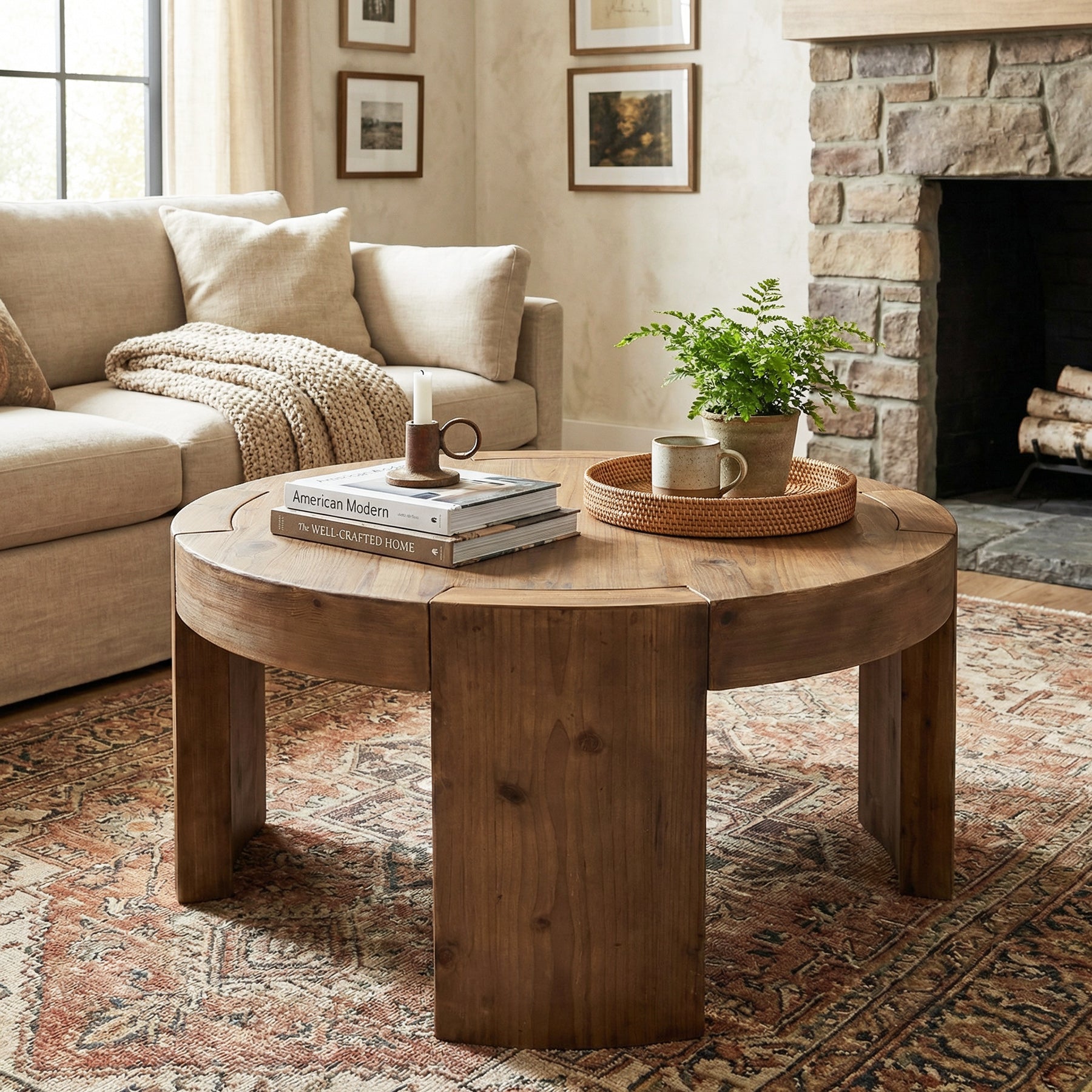 31.5 Inch Solid Wood Round Coffee Table with Integrated Tabletop, Farmhouse Center Table for Living Room