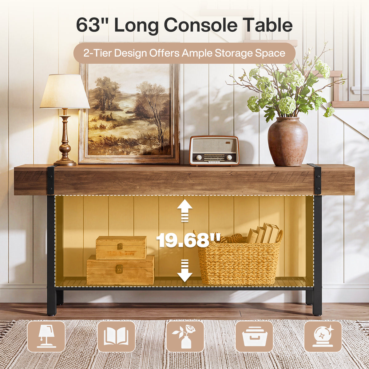 Tribesigns 63" Long Console Table with 2-Tier Storage, Industrial Sofa Table for Entryway