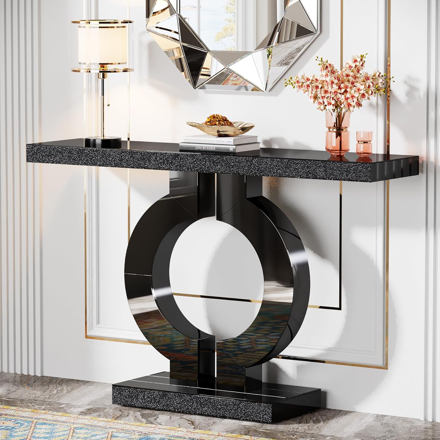43" Modern Mirrored Console Table - O-Shaped Black Base Narrow Entryway & Sofa Table with Glass Finish