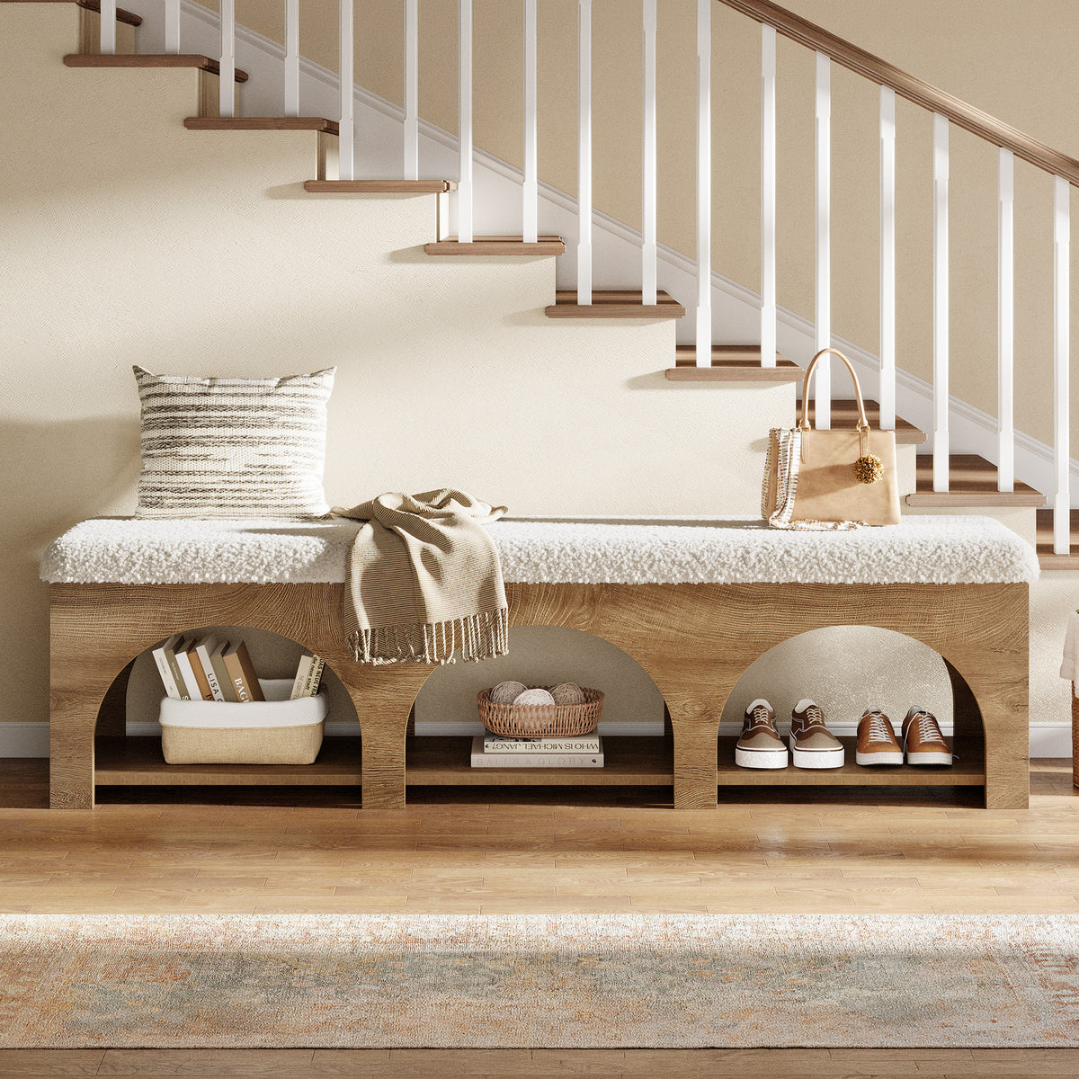 Tribesigns 63" Upholstered Entryway Bench with Arched Shoe Storage, Cushioned Bench for Hallway