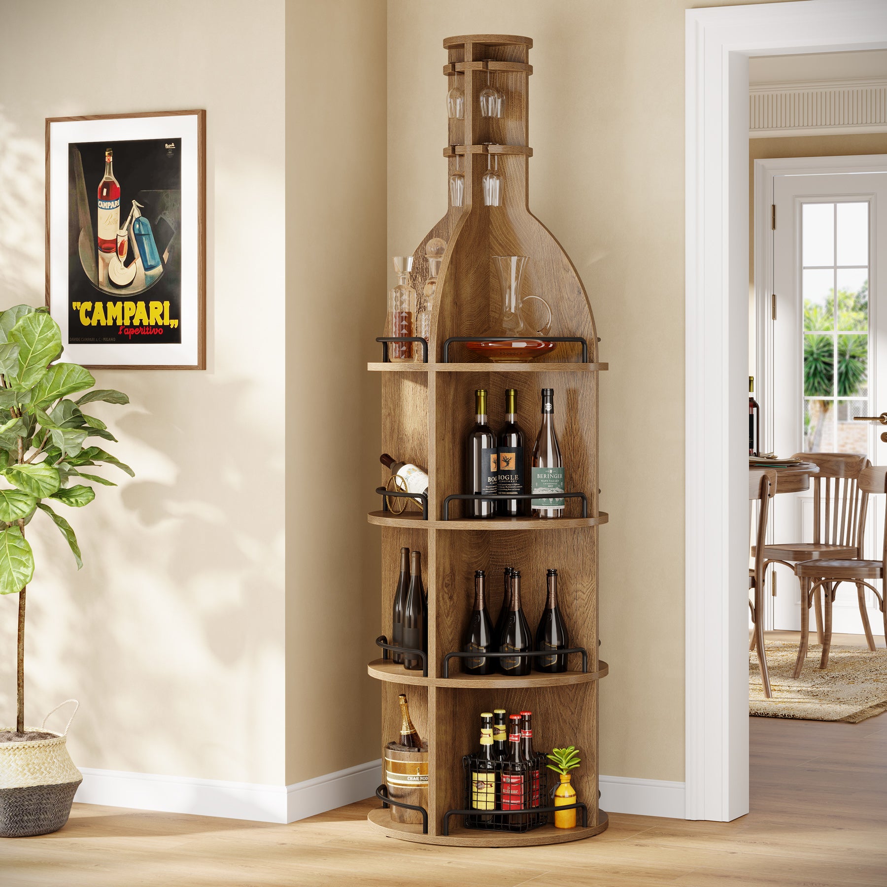 Tribesigns 74.8 Inch Tall Round Wine Rack with Storage Shelves and Glass Holder, Freestanding Wine Bar Cabinet for Home Bar
