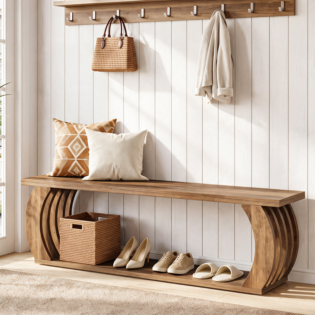 Tribesigns 63-Inch Farmhouse Entryway Bench, 2-Tier Shoe Storage Bench for Hallway