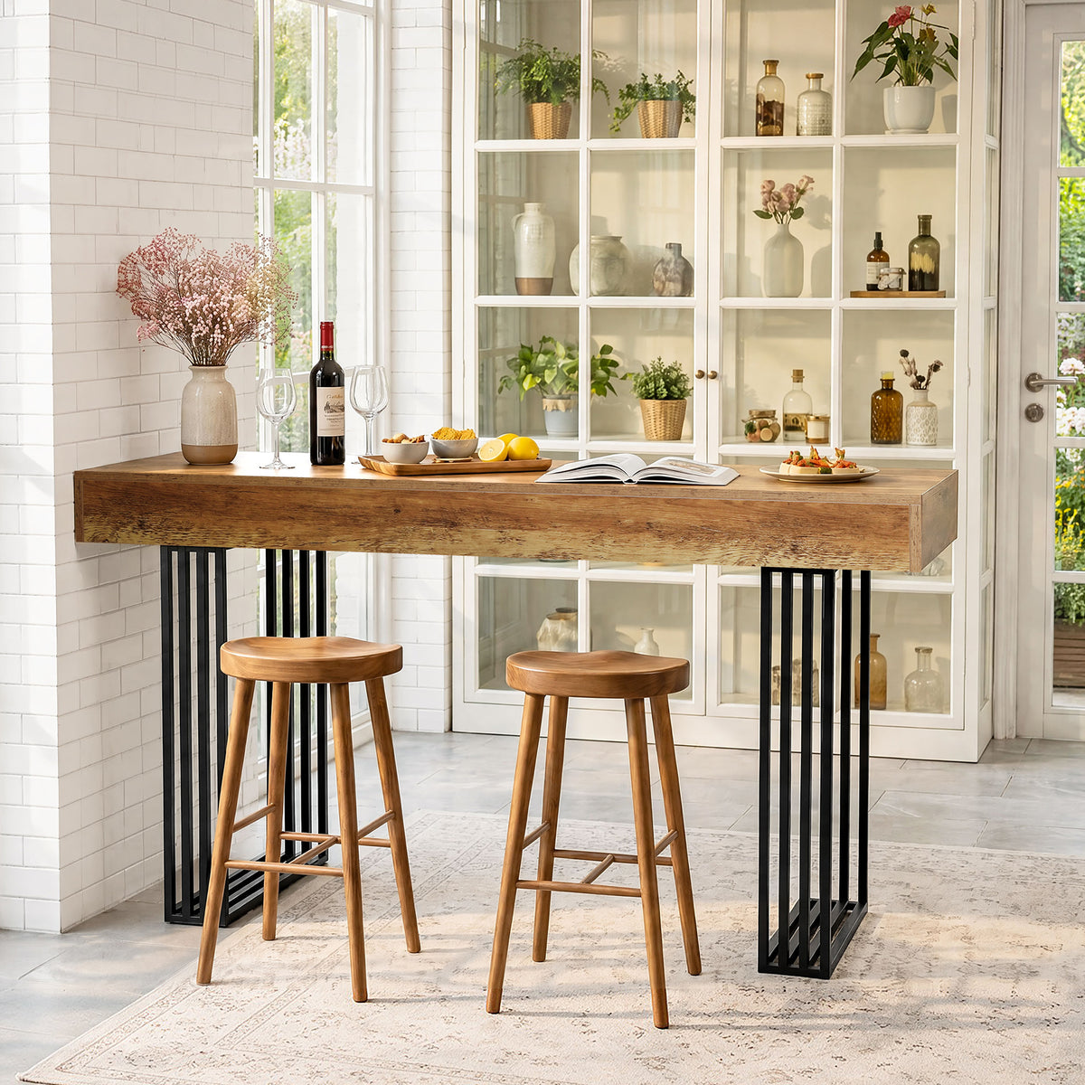 63 Inch Bar Height Table with Metal Frame, Industrial Farmhouse Pub Table for Kitchen and Home Office