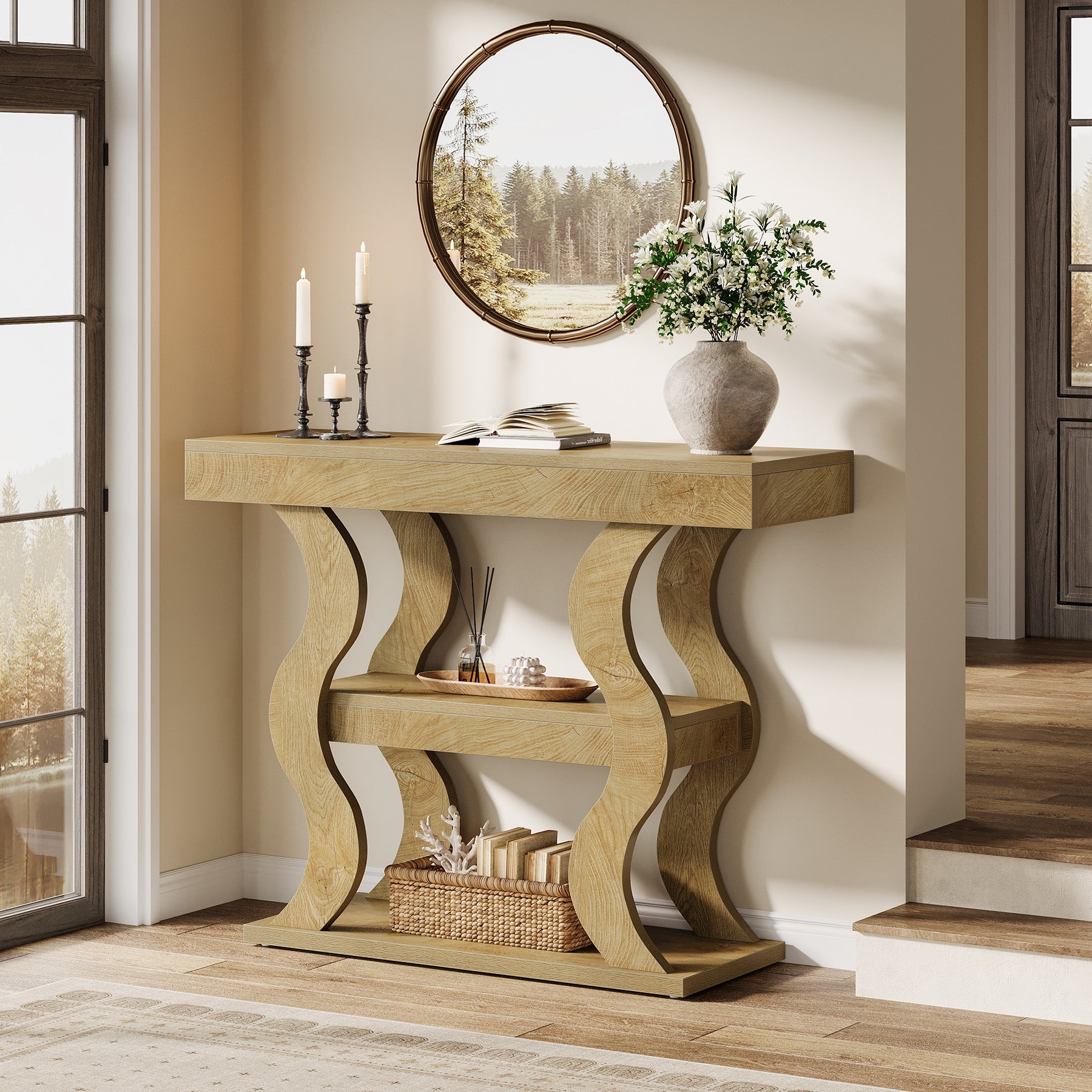 41" Console Table with 3-Tier Storage, Sofa Table with Curved Frame