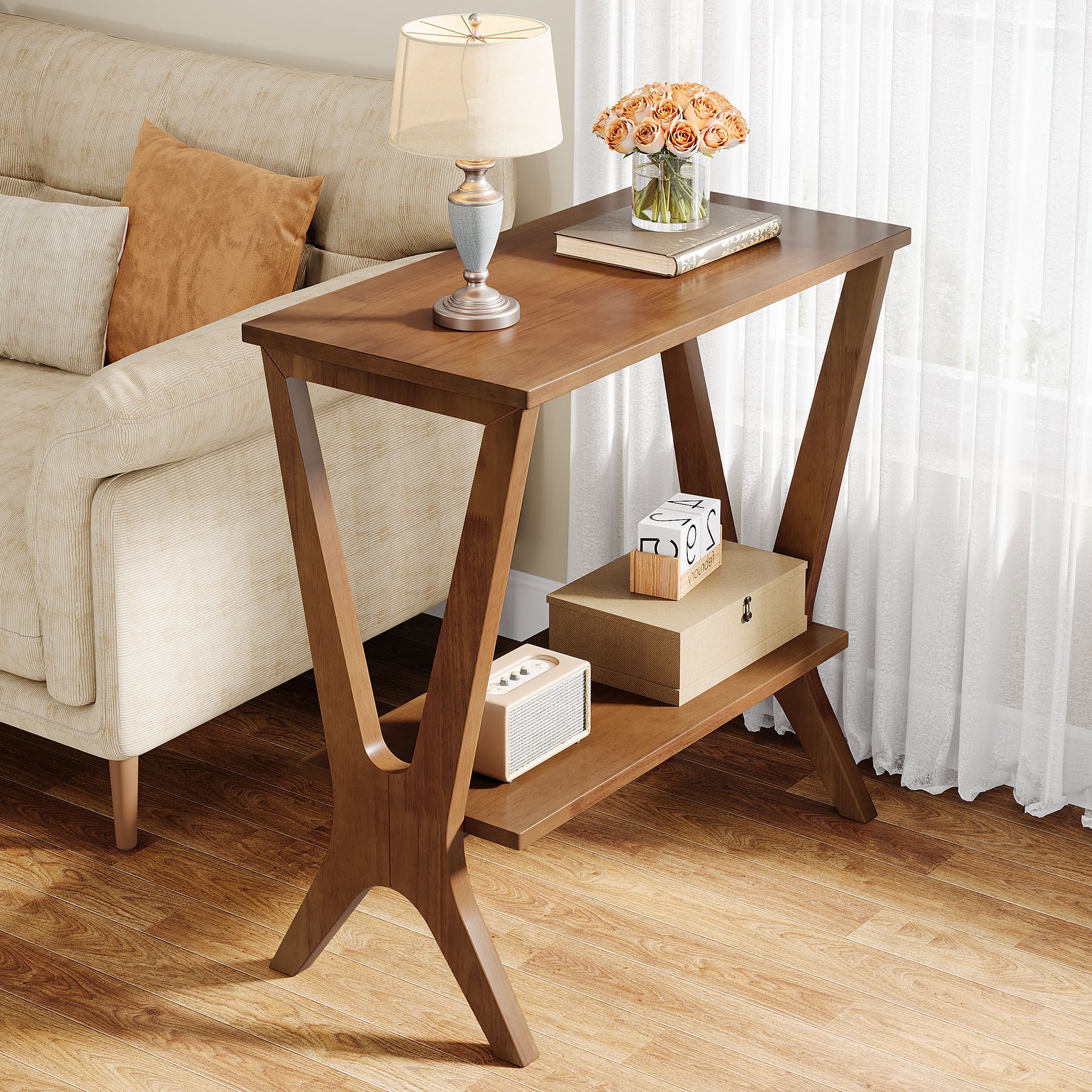 Tribesigns 23.62-Inch Narrow End Table, 2-Tier Solid Wood Side Table with Storage Shelves for Living Room