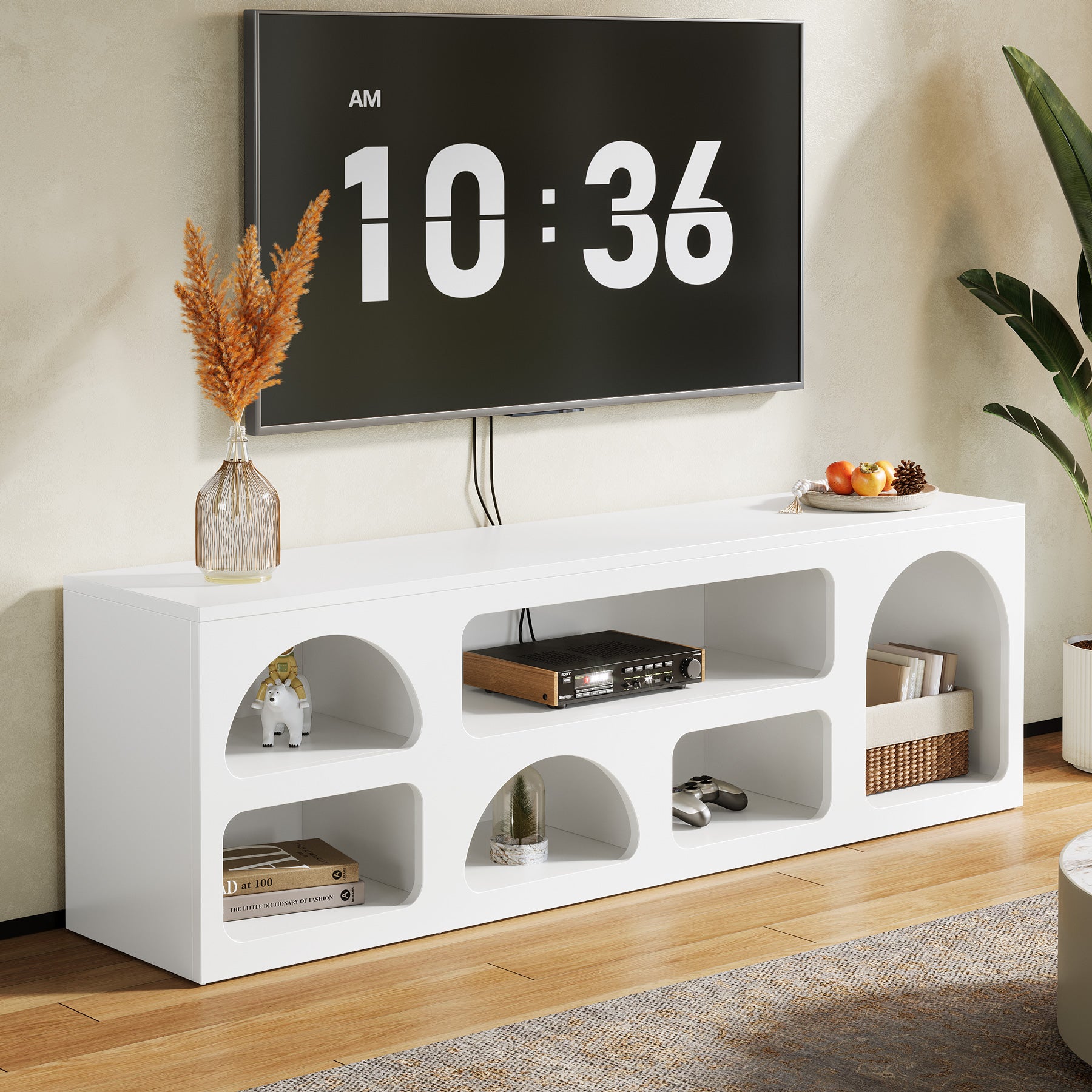 Tribesigns 63-Inch TV Stand with 6 Open Shelves, Modern Entertainment Center for Living Room