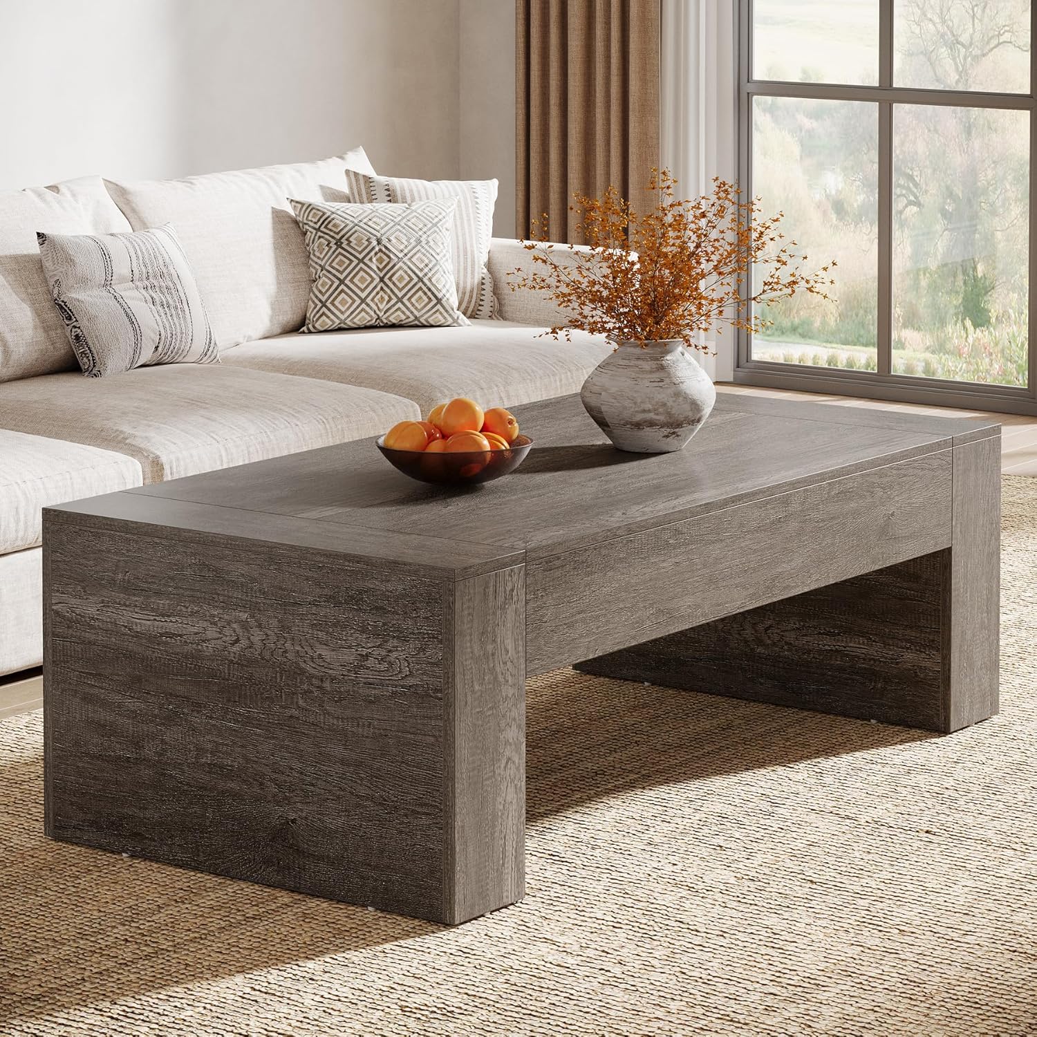 51" Farmhouse Rectangular Coffee Table - Rustic Taupe Cocktail Table with Sturdy Base