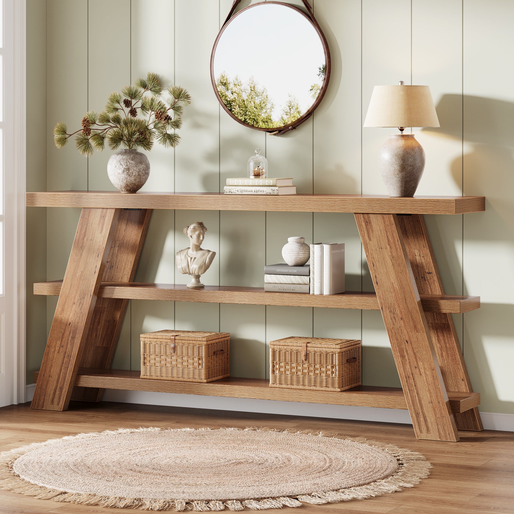 70.9" Farmhouse Console Table, 3-Tier Narrow Sofa Table with Storage
