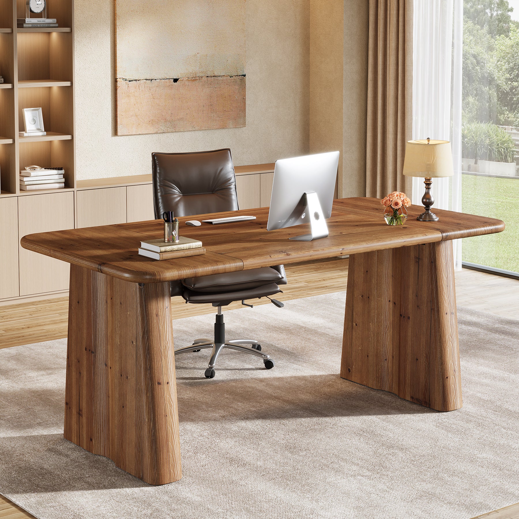 Tribesigns 63-Inch Solid Wood Executive Desk with Double Pedestal Base, Home Office Workstation