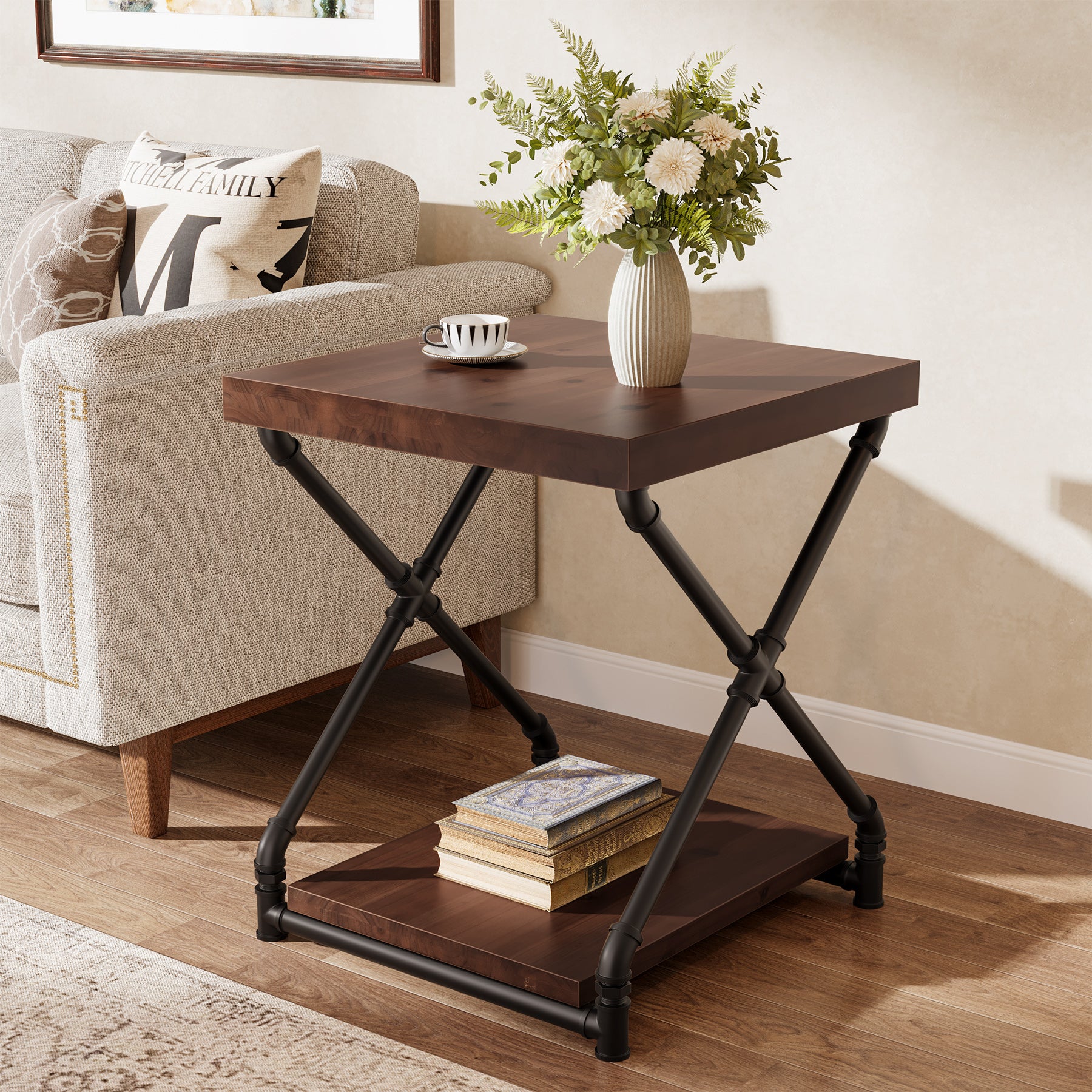 Solid Wood End Table with Storage Shelf and X-Shaped Legs, Small Wood Nightstand