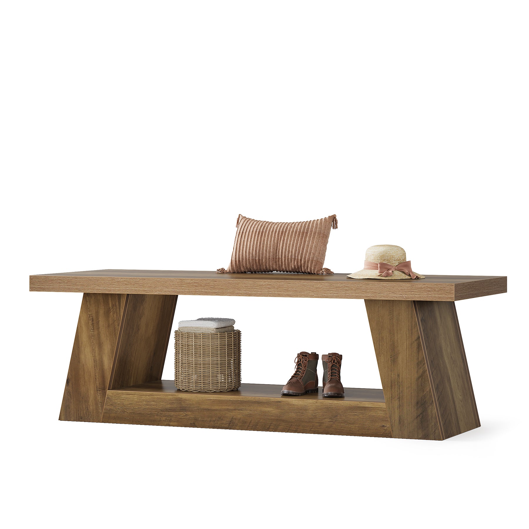 63" Wooden Entryway Bench with 2-Tier Storage, Rustic Long Bench for Hallway Living Room Bedroom