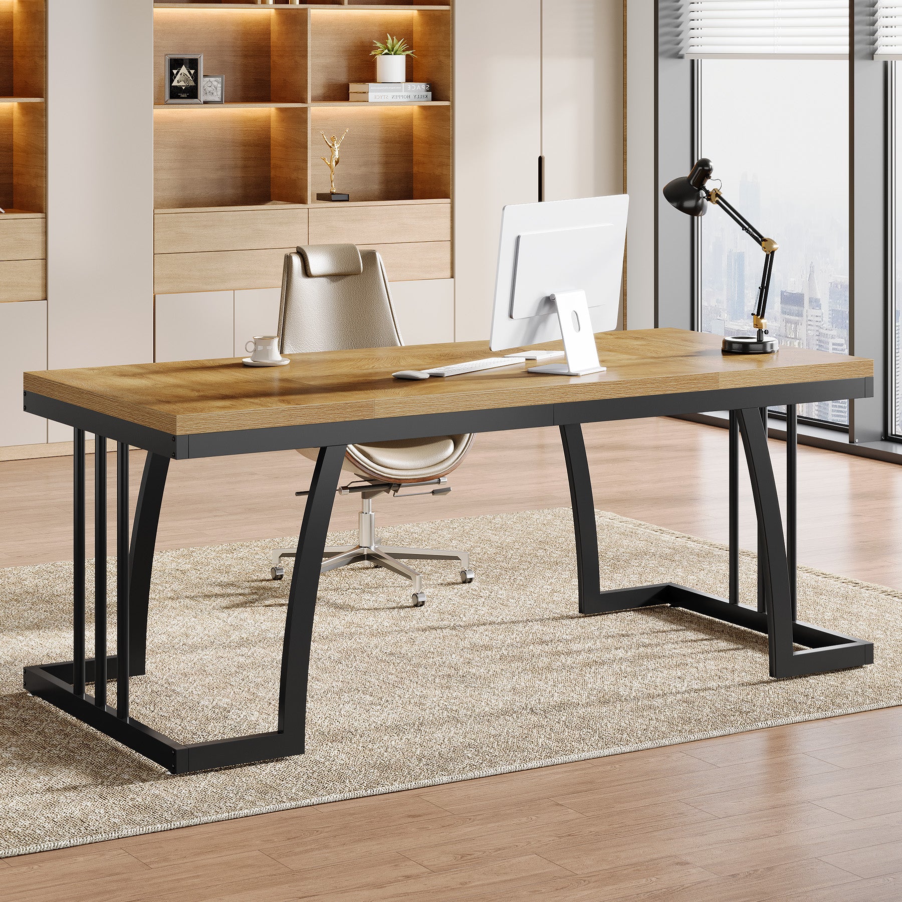 63-Inch Executive Desk with Deep Worktop and Metal Frame, Large Industrial Computer Desk for Home Office