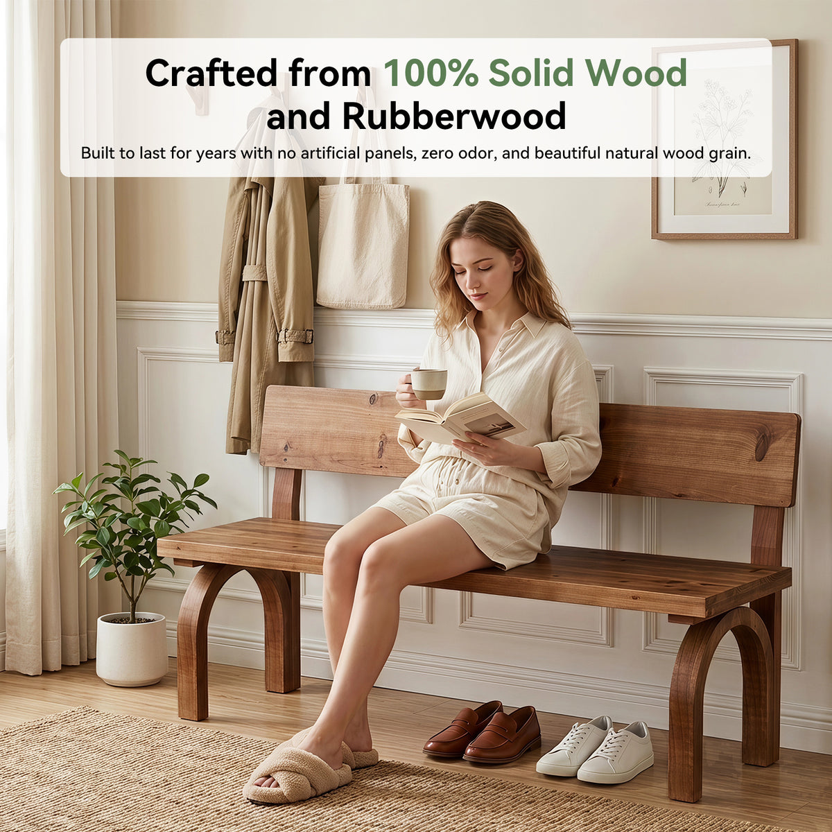 63 Inch Solid Wood Entryway Bench with Backrest, Farmhouse Indoor Bench for Hallway and Bedroom