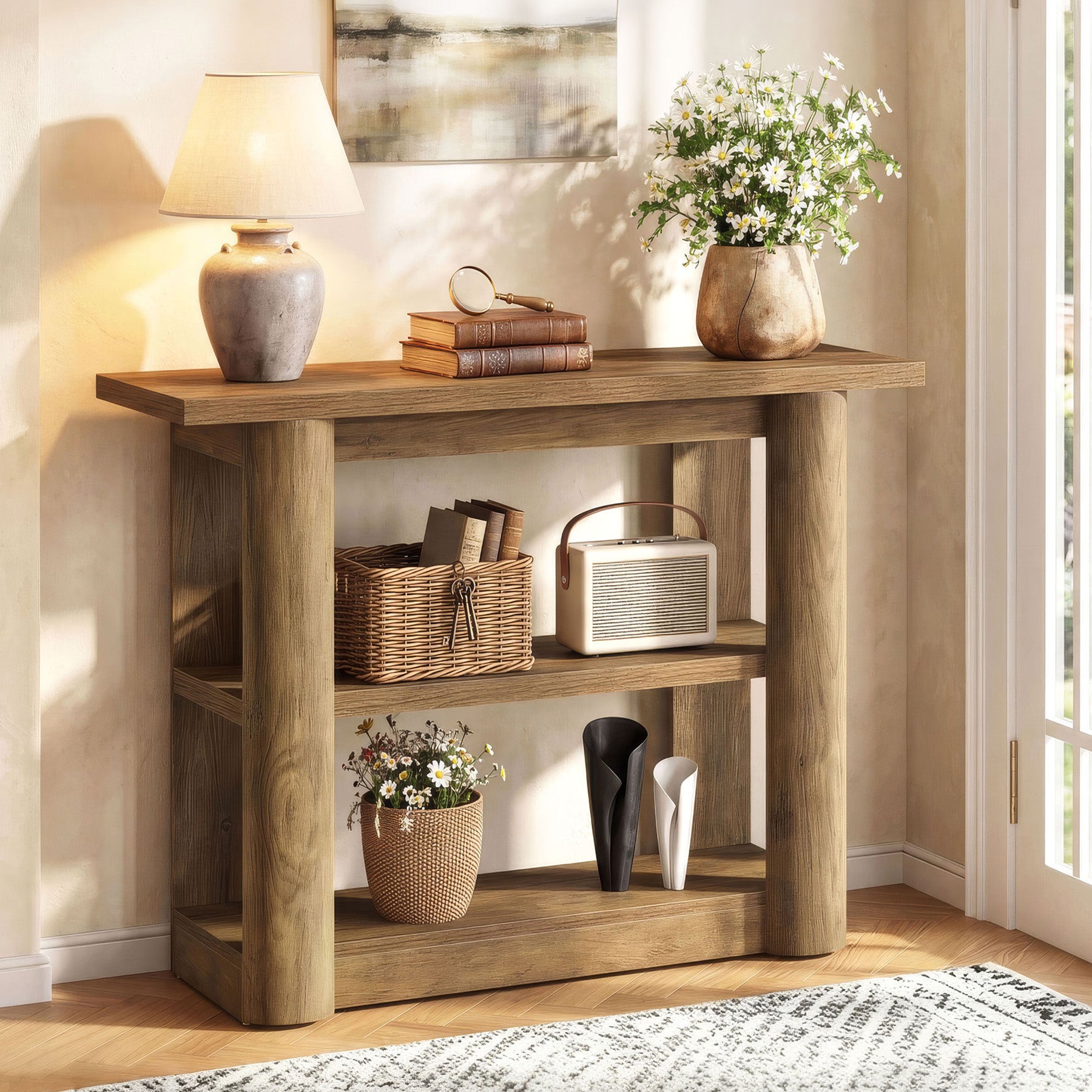 42-Inch Farmhouse Console Table, 3-Tier Narrow Sofa Table with Shelves for Entryway, Living Room