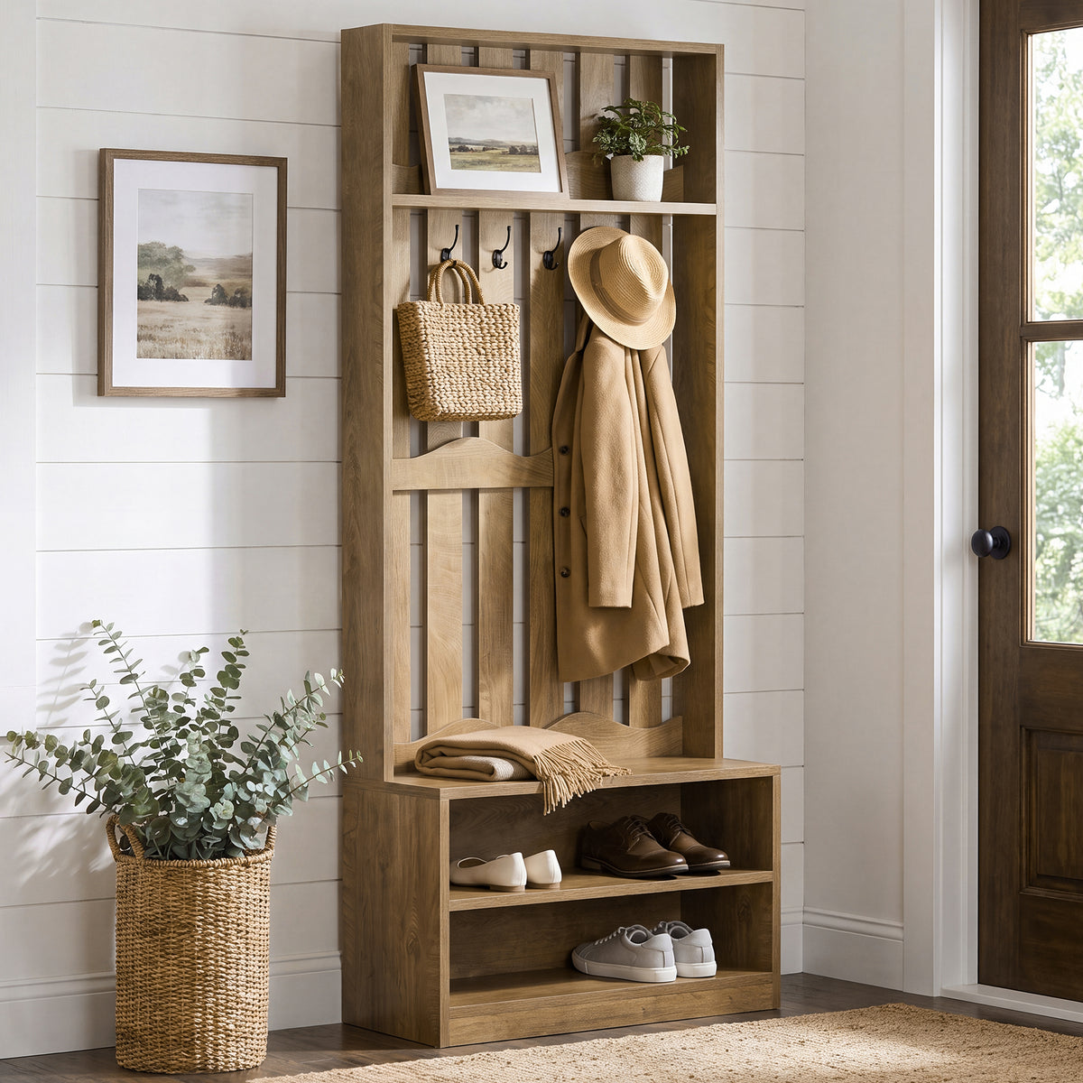 Tribesigns 31.5-Inch Coat Rack with Bench and Shoe Storage, 4-in-1 Hall Tree for Hallway