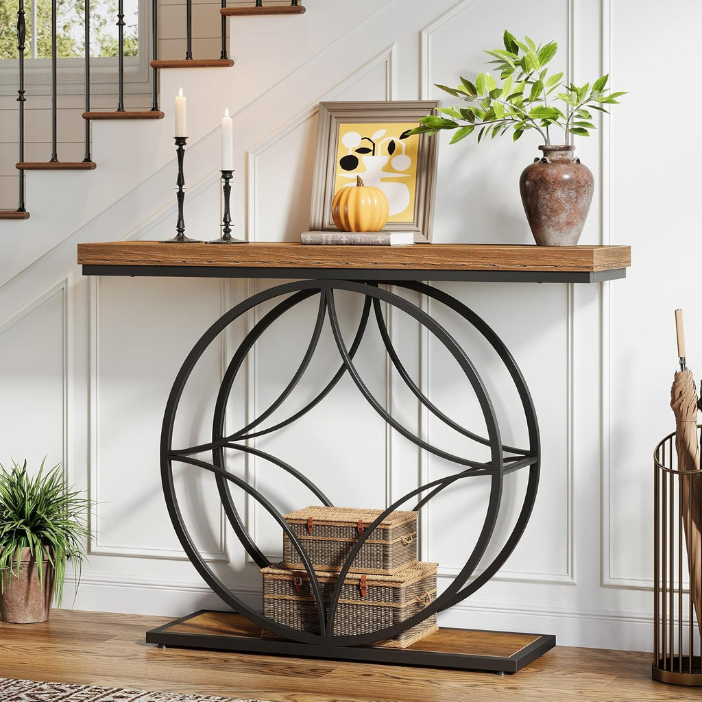 47" Industrial Console Table 2 Tier Sofa Table Geometric Metal Frame & Storage Rustic