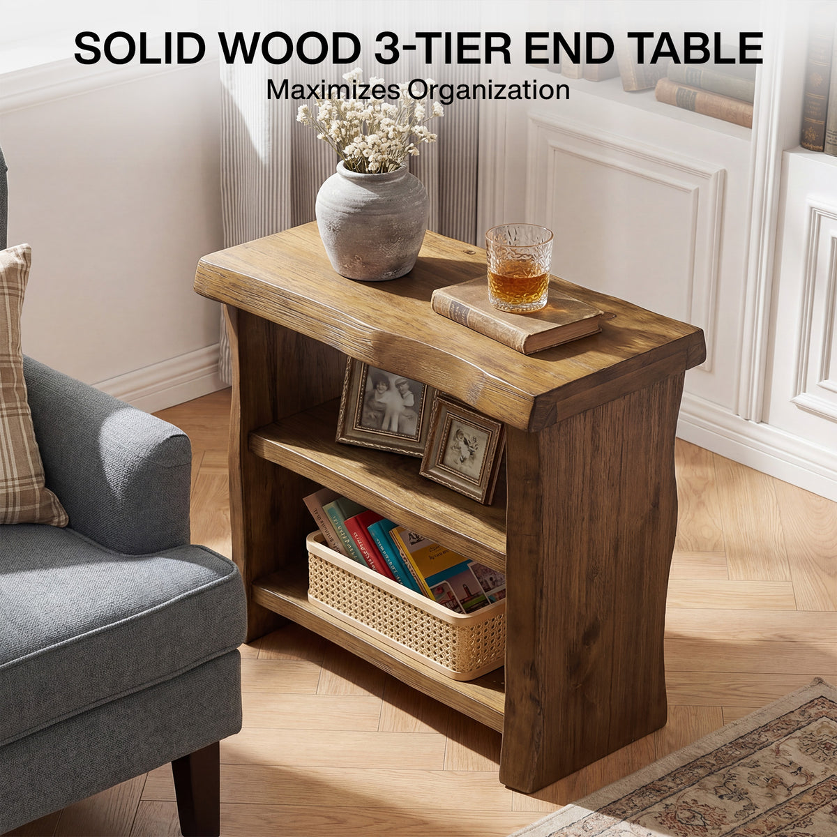 23.62 Inch Solid Wood End Table with 3-Tier Storage Shelves and Live-Edge Design, Narrow Side Table for Living Room