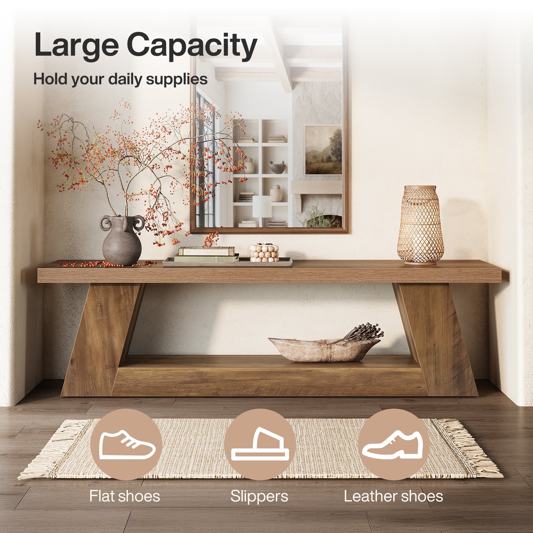 63" Wooden Entryway Bench with 2-Tier Storage, Rustic Long Bench for Hallway Living Room Bedroom