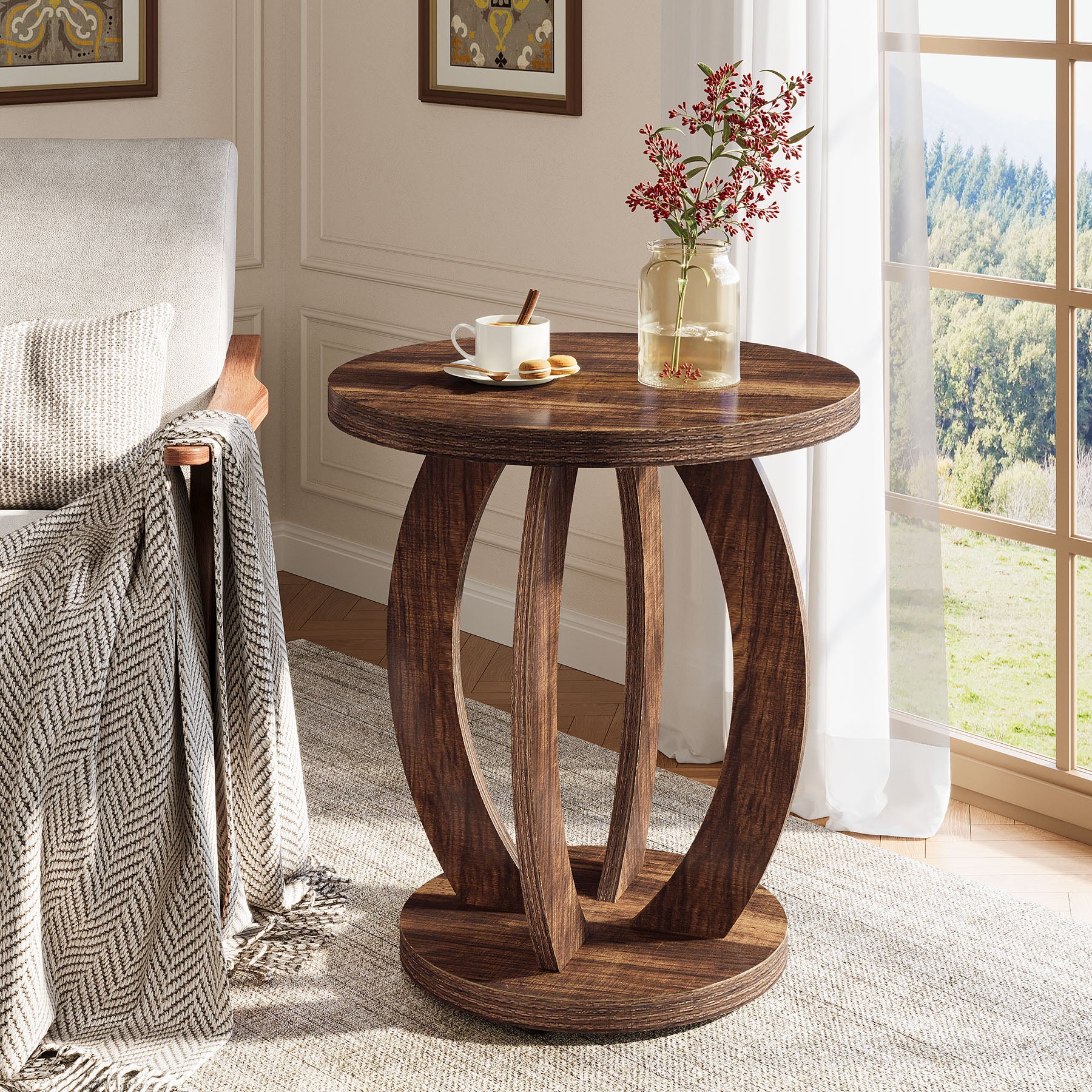 24" Round Farmhouse Nightstand - Bedside Table with Storage, Wood Base, Brown